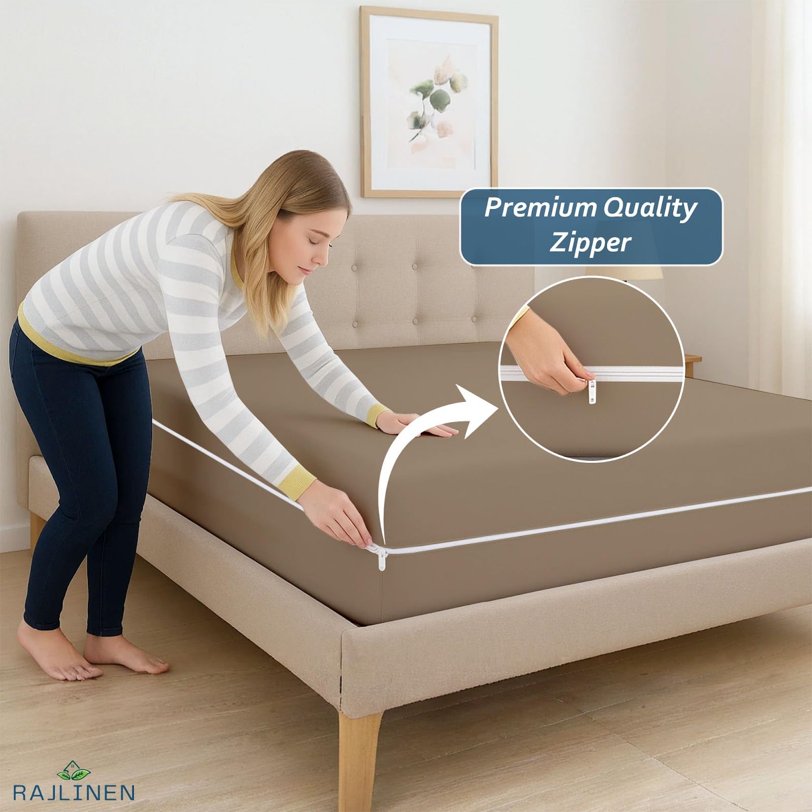 Rajlinen Premium Zippered Mattress Protector, 100% Microfiber, 6-Side Deep Pocket Coverage, Fits Up to 15 Inch Deep, Waterproof, Soft, Noiseless, Breathable Cover, Twin (39x75), Taupe