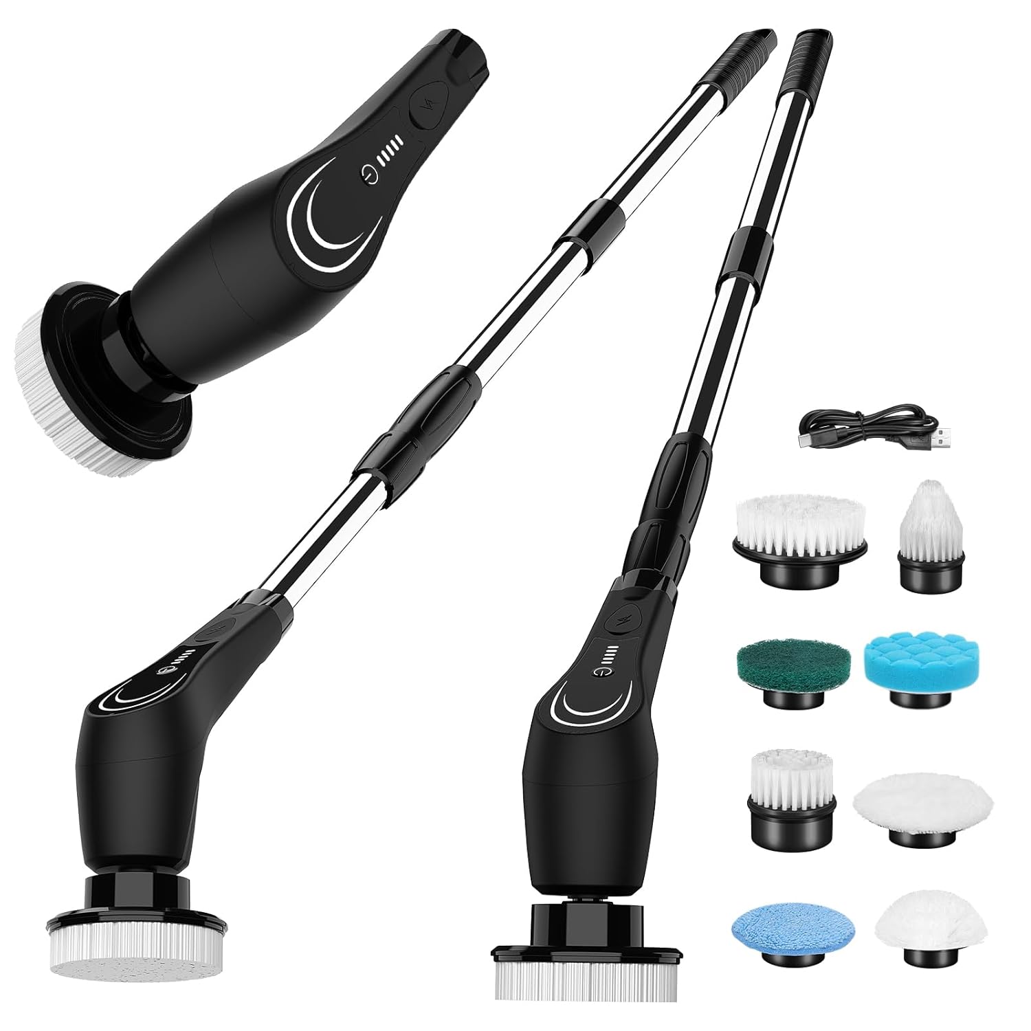 Black Electric Spin Scrubber Cordless Spin Scrubber with 8 Replaceable Brush Heads Electric Scrub Brush with Adjustable Extension