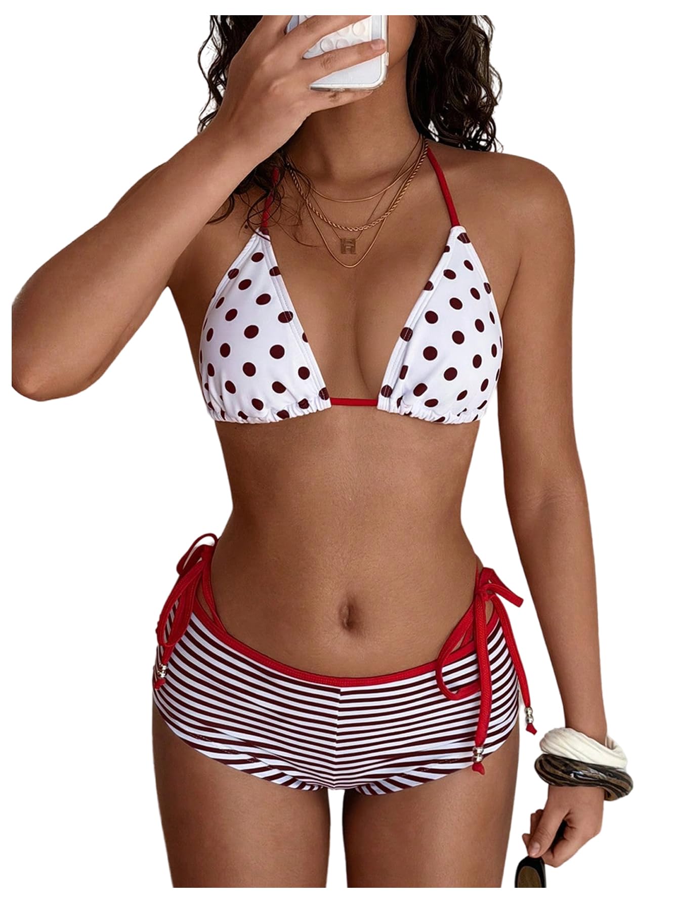 Bikini da Donna A Pois A Righe da Ragazzo, Perizoma all'Americana, Costumi da Bagno in 3 Pezzi con Pantaloncini Copricostume, Multicolore, Grande