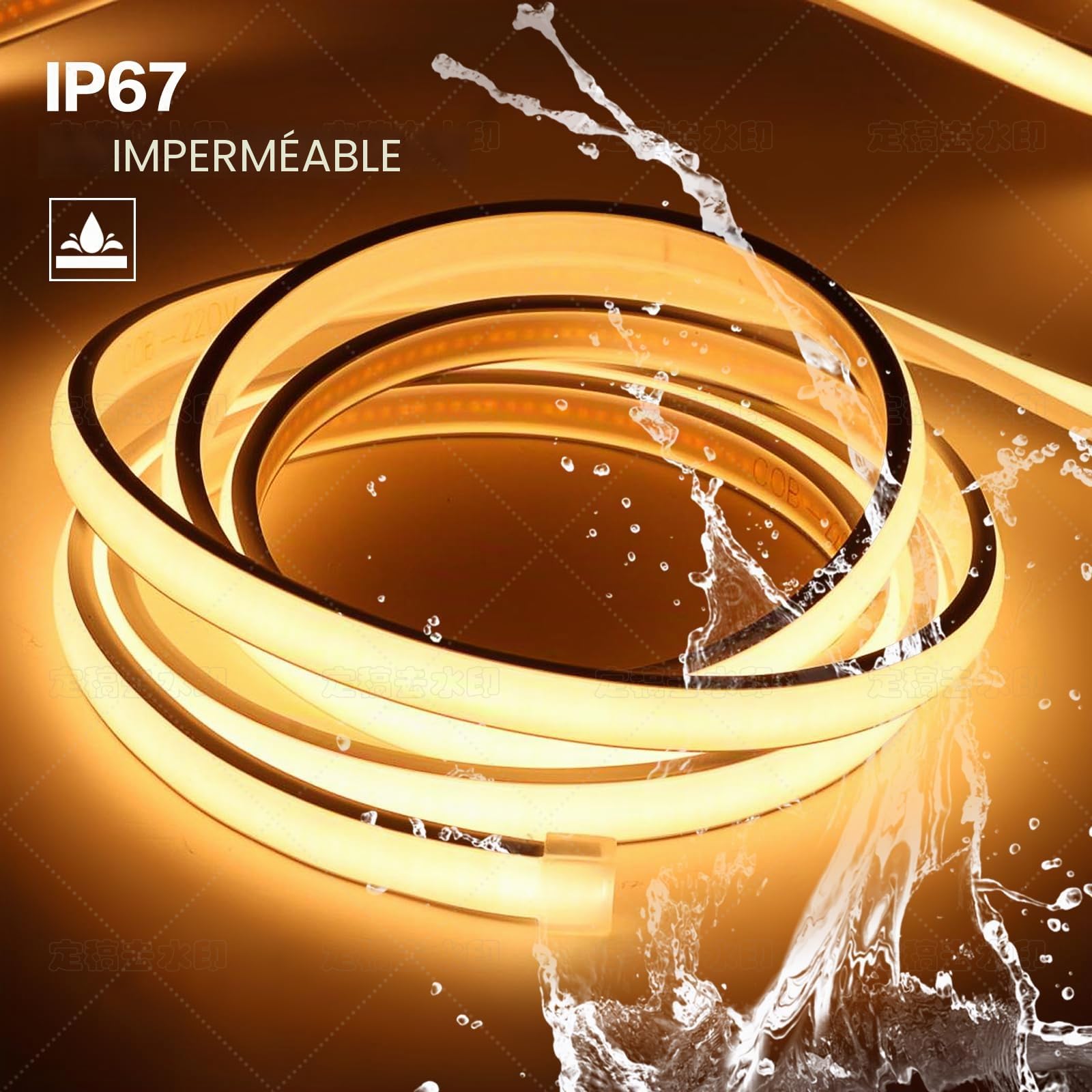 pcning Bande LED 220V 5M Blanc Chaud sans Transformateur avec Prise Exterieur IP67 Etanche Ruban, 5 Metre Bandeau LED COB Puissant Strip Light 3000K (5m, Blanc Chaud)