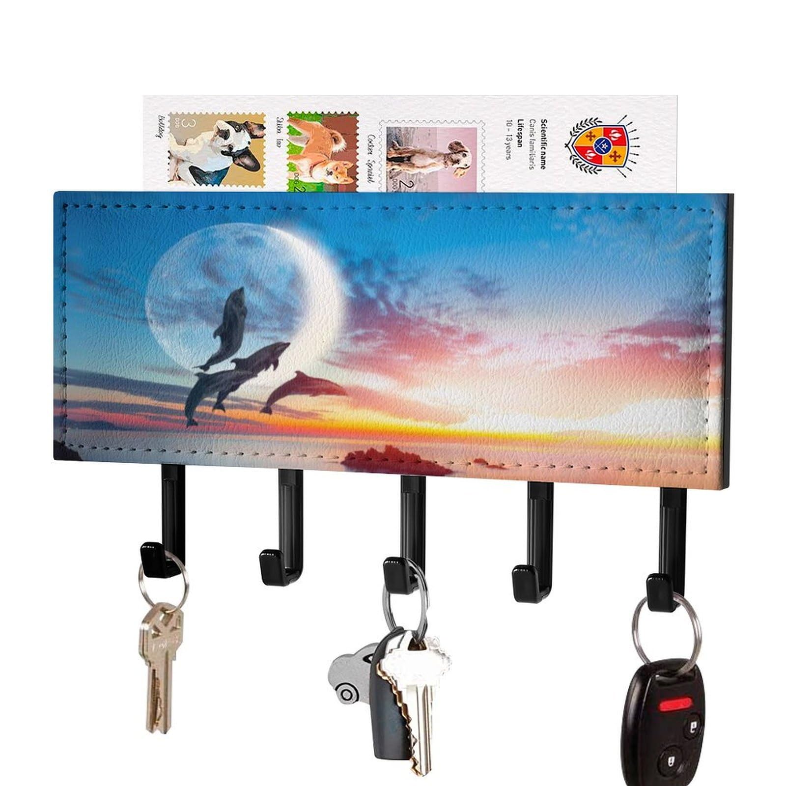 NCLQVJXZKHW Beautiful Dolphin with Sunset Key Holder with 5 Hooks Key Hooks Wall Mounted Key Racks Key Hanger Organiser Shelf