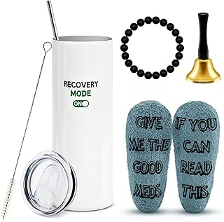 4 PCS Get Well Soon Gift Set, 20oz Funny Hospital Mug & Recovery Socks, Surgery Recovery Gifts for Women & Men, A Silver Steel Tea Hand Bell, and An Obsidian Accessory