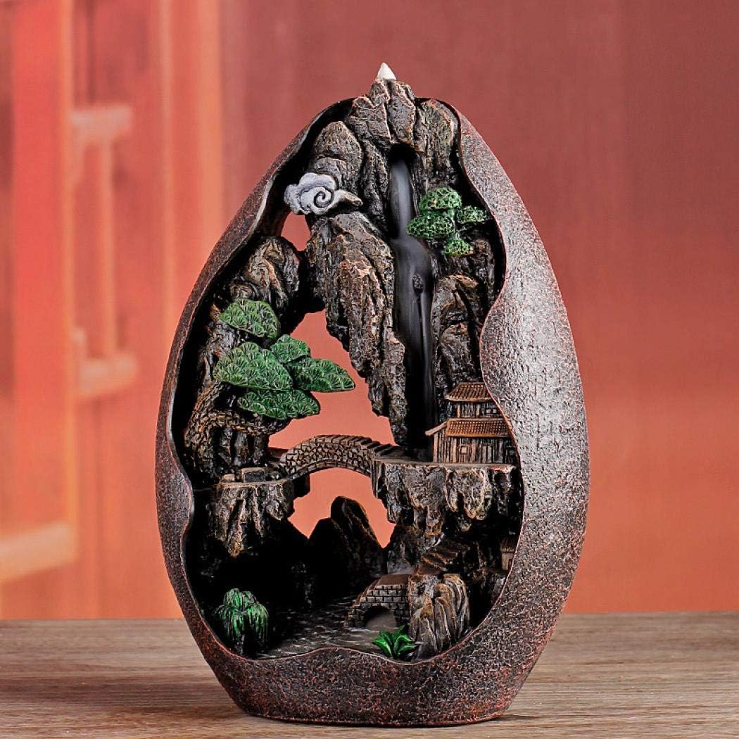Backflow Incense Holder,Waterfall Resin Incense Burner Mountain Censer Incense Cones Holder Office Home Decor Ornament with 120 Incense Cones,30 Incense Sticks,Tweezer and M