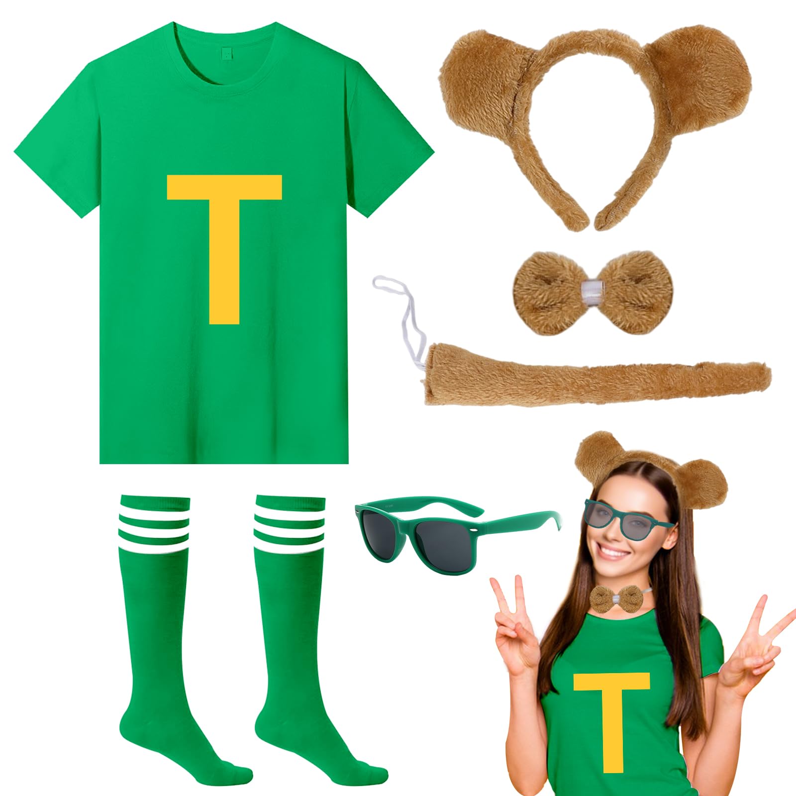 UxClishe 6Pcs Chipmunks Costume Set, Fancy Dress Outfit with T-shirt Chipmunk Ears Headband Bow Tie Tail Striped Socks Glasses for World Book Day, Halloween Cosplay, Animal Themed Party — image 1