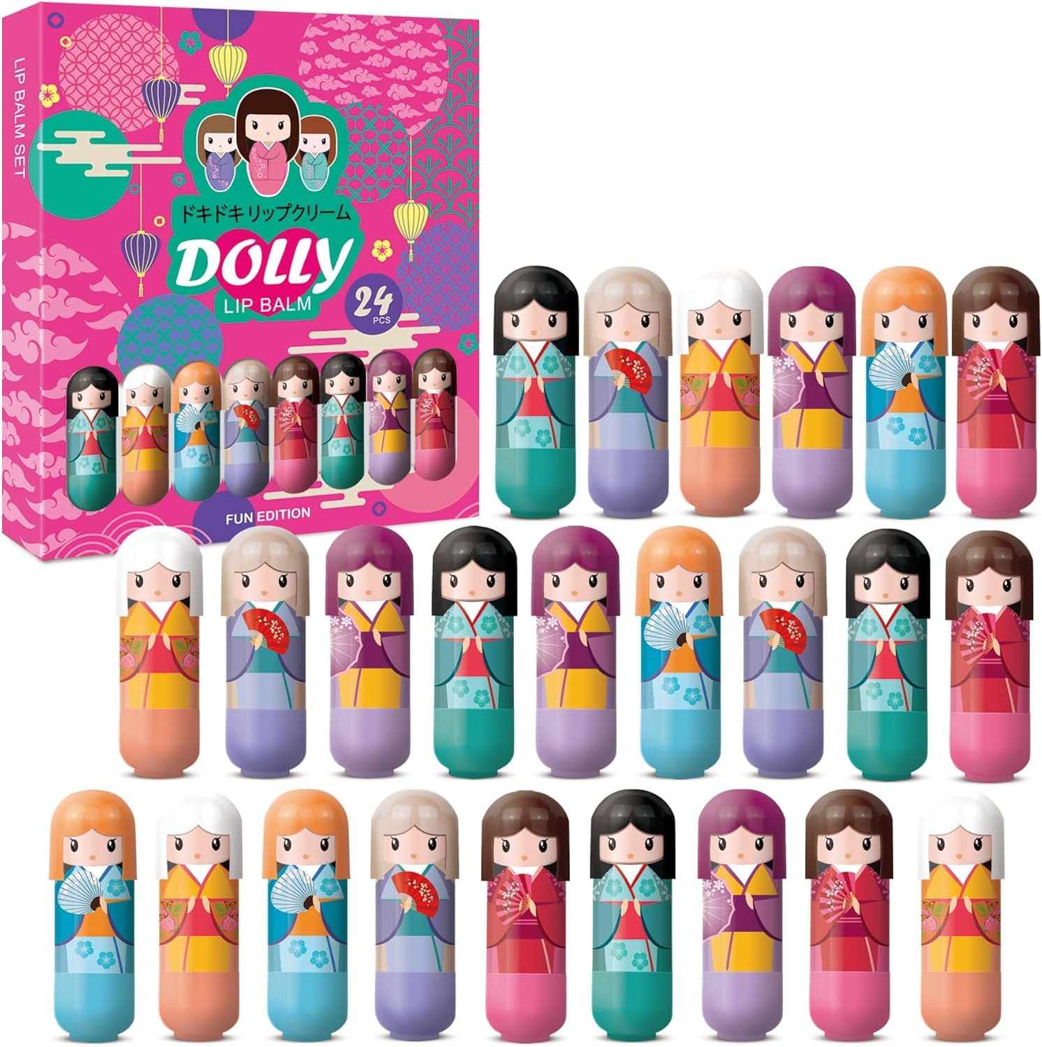Kids Lip Balm Set – 24 Lip Balms in Adorable Kimono Doll-Inspired Cases, 6 Scents (Apple, Banana, Bubble Gum, Orange, Strawberry, Vanilla) x 3.5 gr in a Beautifully Designed Box