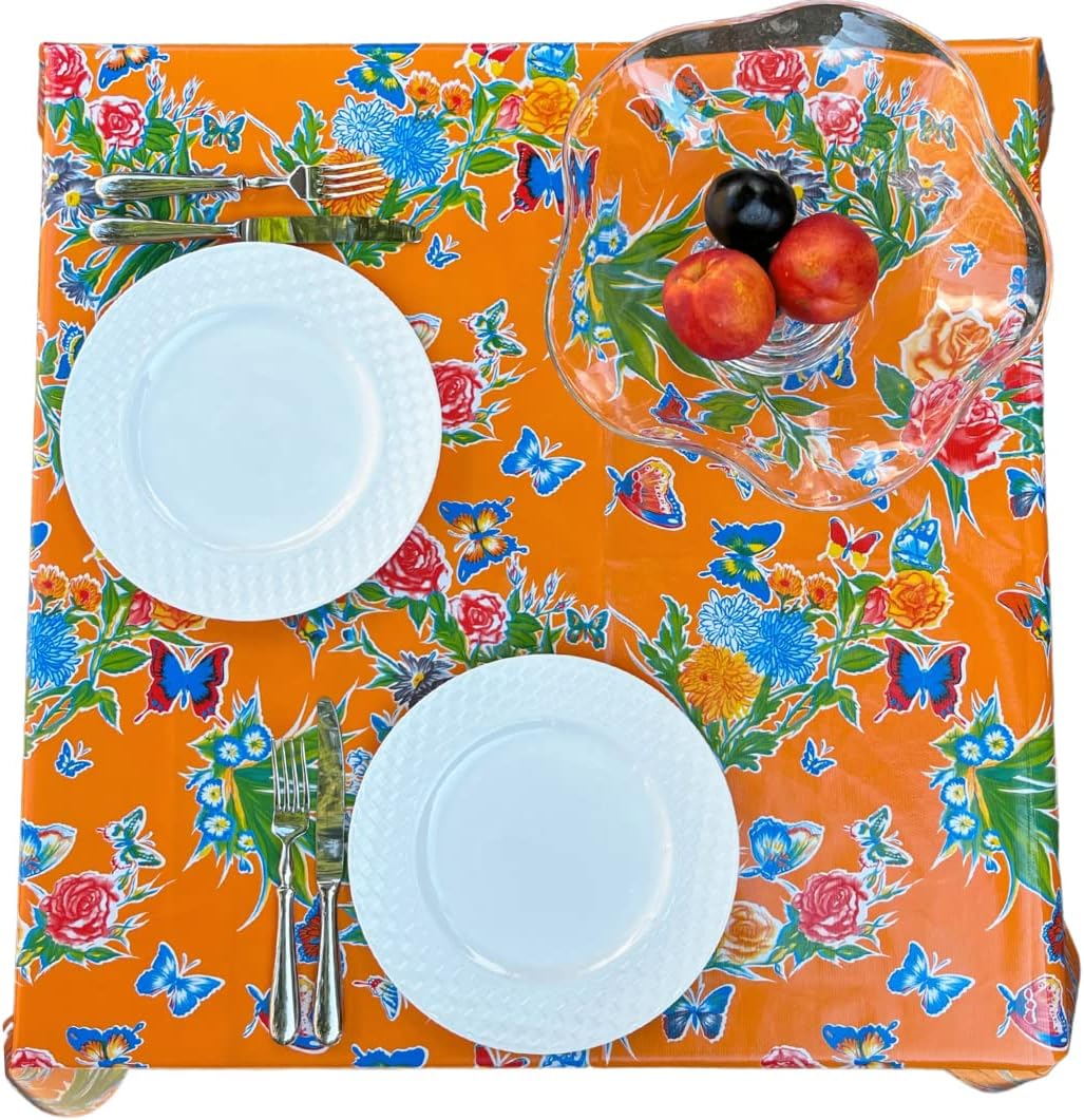 Mexian Oilcloth Tablecloths - Manteles de Hule Orange Mariposa, Rectangle (84" x 48")