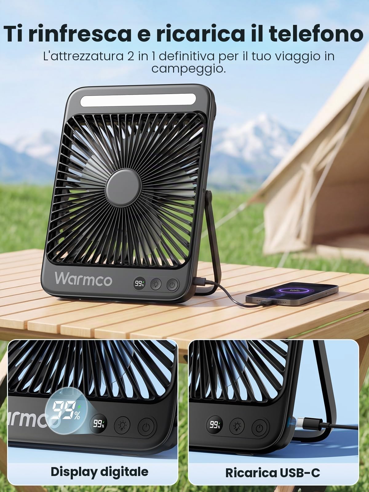Warmco Ventilatore Campeggio 20000mAh Ricaricabile, Alto 27cm Ultra-Sottile con Luce LED, 48 Ore Durata, Ventilatore Tavolo Portatile per Tenda, Viaggi, Esterno, Casa