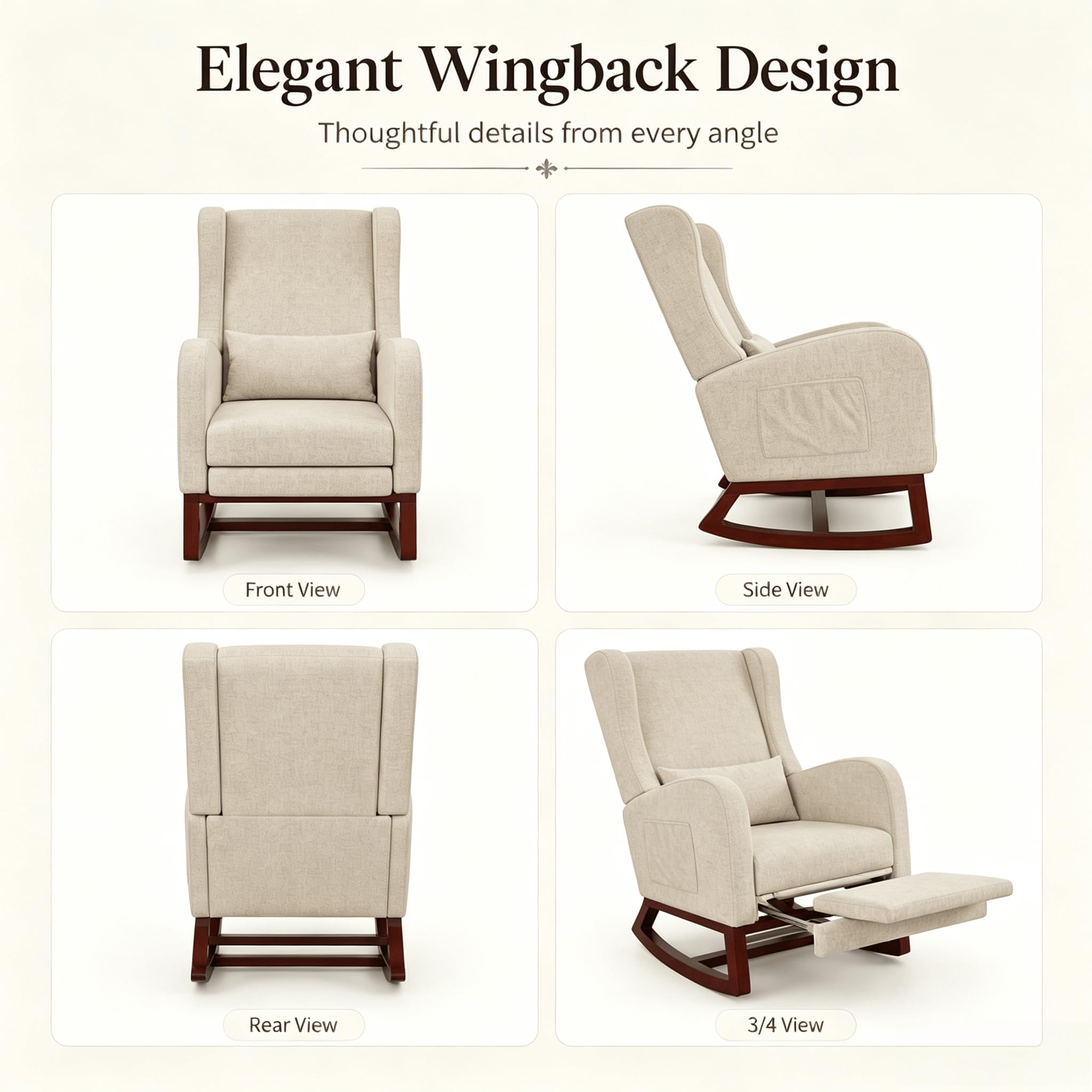 Sillón Mecedora con Reposapiés Extensible y Cojín, Butaca Mecedora Tapizada en Tejido de Terciopelo Suave con Bolsillos Laterales, Silla Relax con Patas de Madera para Salón y Dormitorio, Beige