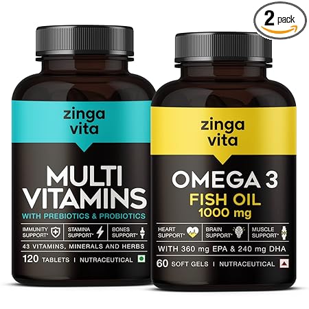 Zingavita Multivitamin and Fish Oil Combo | Multivitamin Tablets with Probiotics & Prebiotics (120 Tablets) + Maximum Strength Omega 3 Fish Oil 1000mg Capsule - 60 Count (360 Mg EPA & 240 Mg DHA), Combo Pack