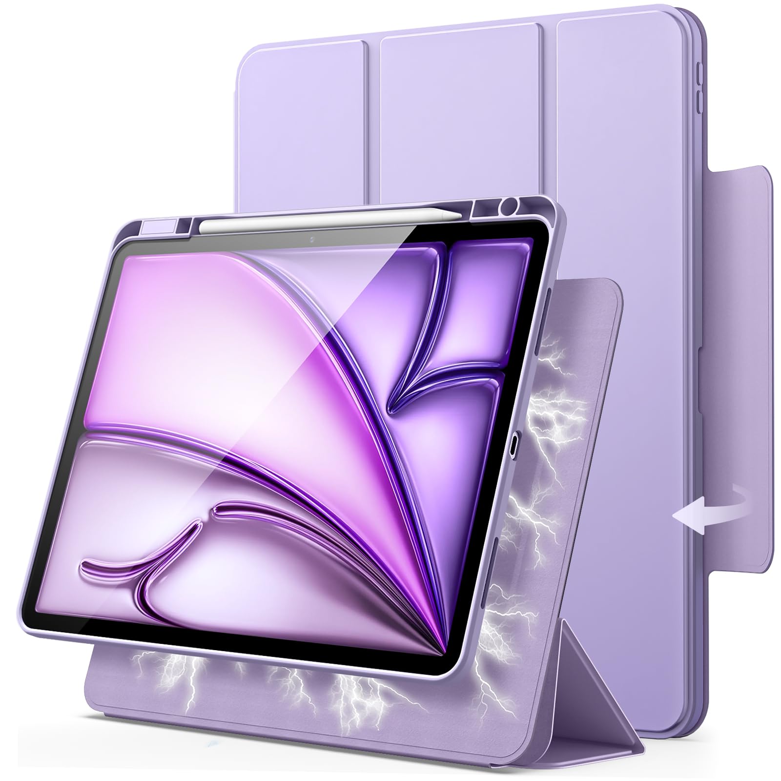 JETech Magnetic Detachable Case for iPad Air 13-Inch M3/M2 (2025/2024) with Pencil Holder, Removable Rotating Clear Cover, Portrait/Landscape Stand with Raised Screen View (Purple)