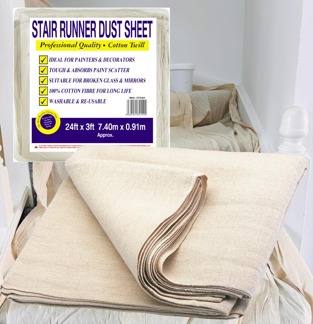 Jms Bridge Beige Staircase Dust Sheets For Decorating 24Ft X 3Ft Cotton Twill Protector For Home Decor, Stairways, Floors, Runners, And Corridors, Ideal For Painting, Dust, And Dirt Protection