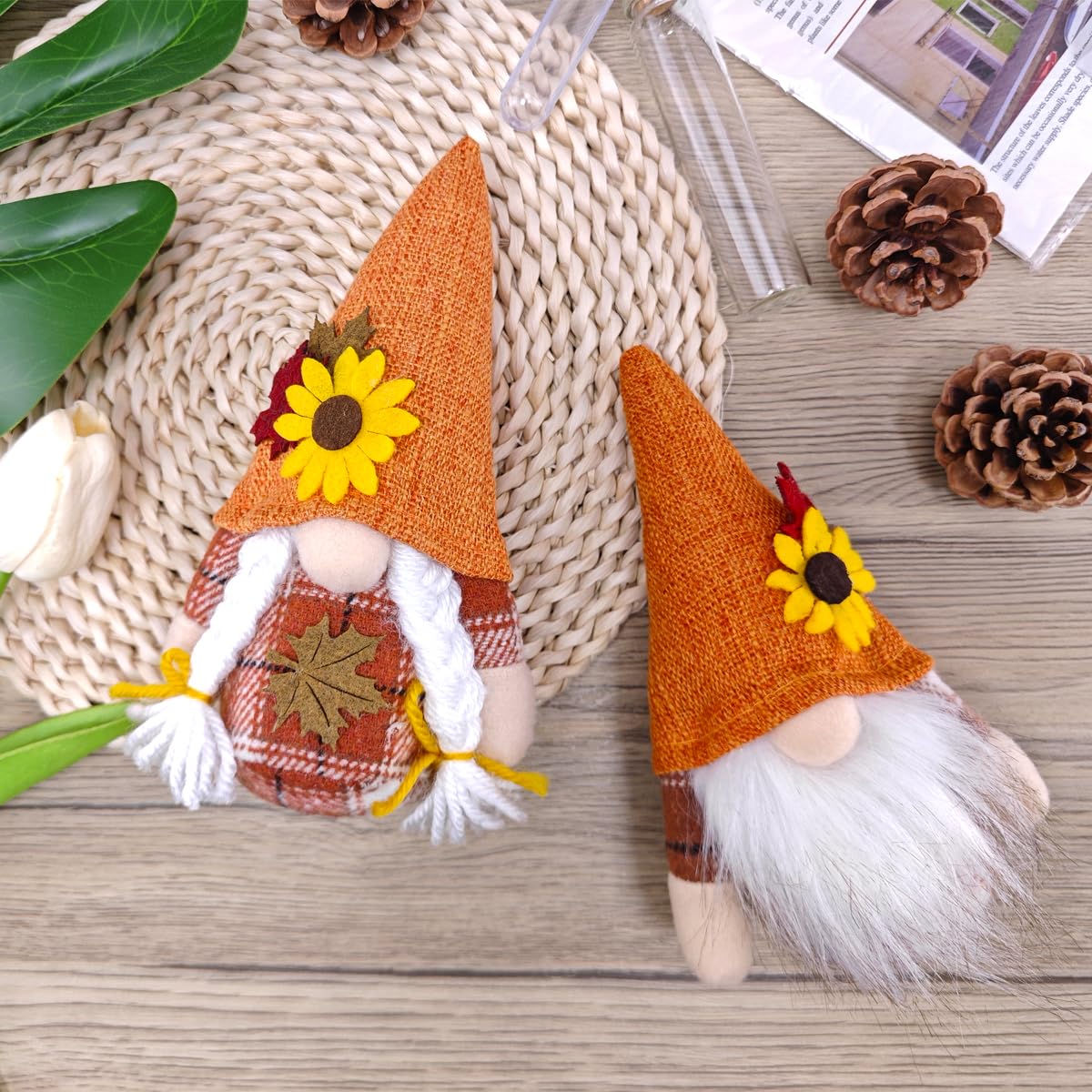 Lot De 2 Gnomes D'Automne En Peluche - Nains Thanksgiving Avec Feuille D'Érable & Tournesol, Décoration Automnale Mignonne