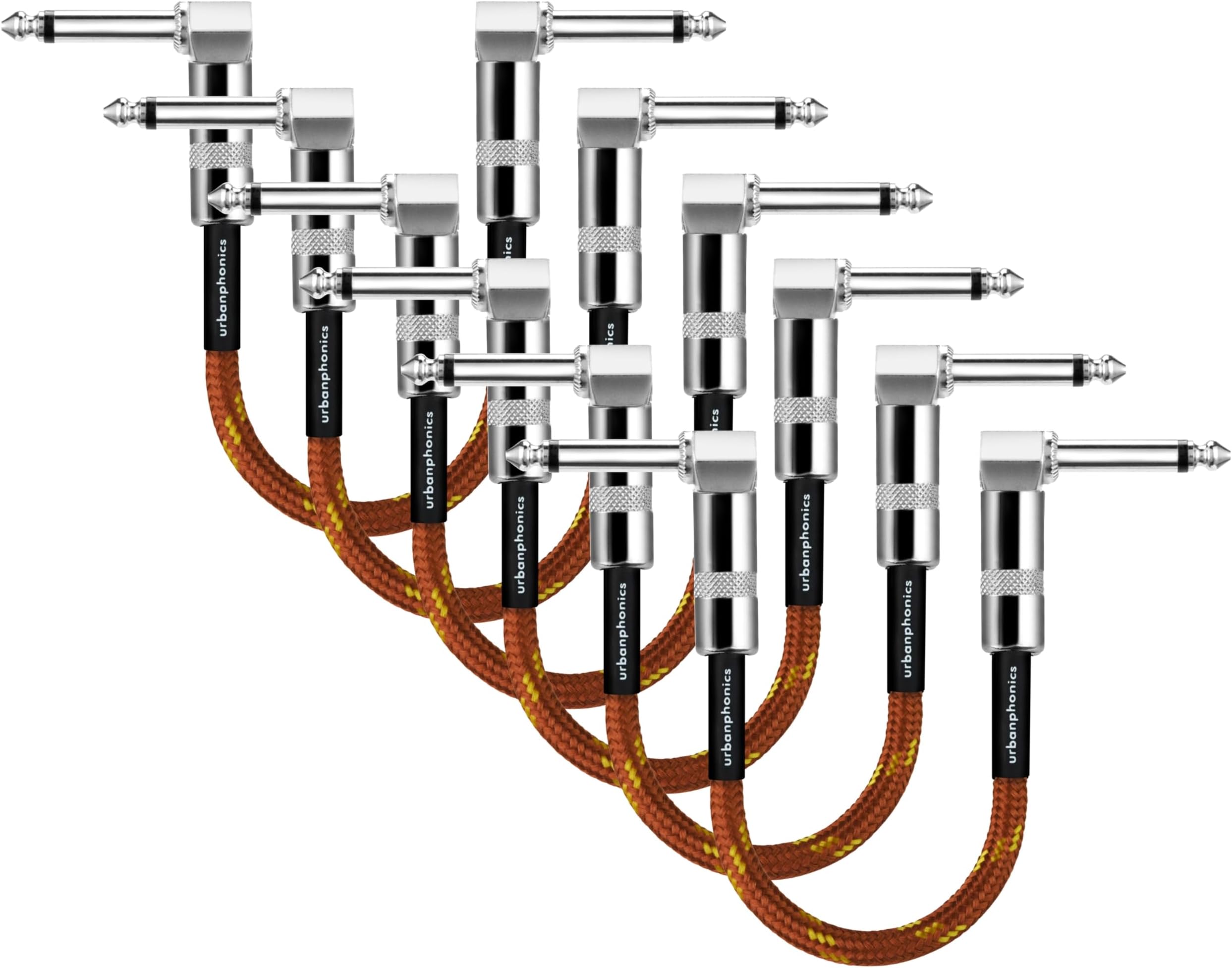 Guitar Patch Cable | 6.35mm Jack Pro Grade Noiseless | 23 cms Pedalboard Cord Lead | Right Angle Male to Male | for Guitar, Bass and Effects Pedals | 6 Pack Copper Colour Braided Tweed