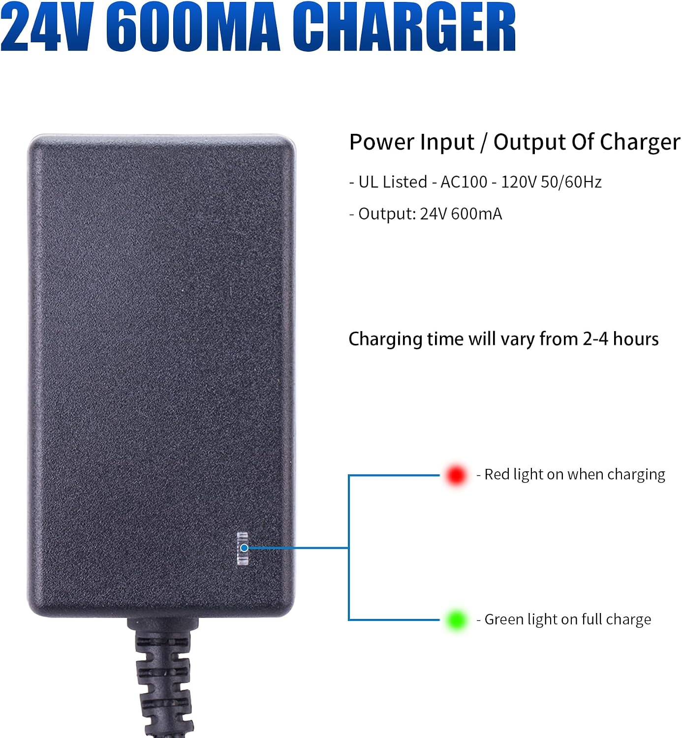 24V 600mA Charger for Razor E100, E125, E150, E175, Crazy Cart, eSpark - Premium Compact Replacement E100 Charger