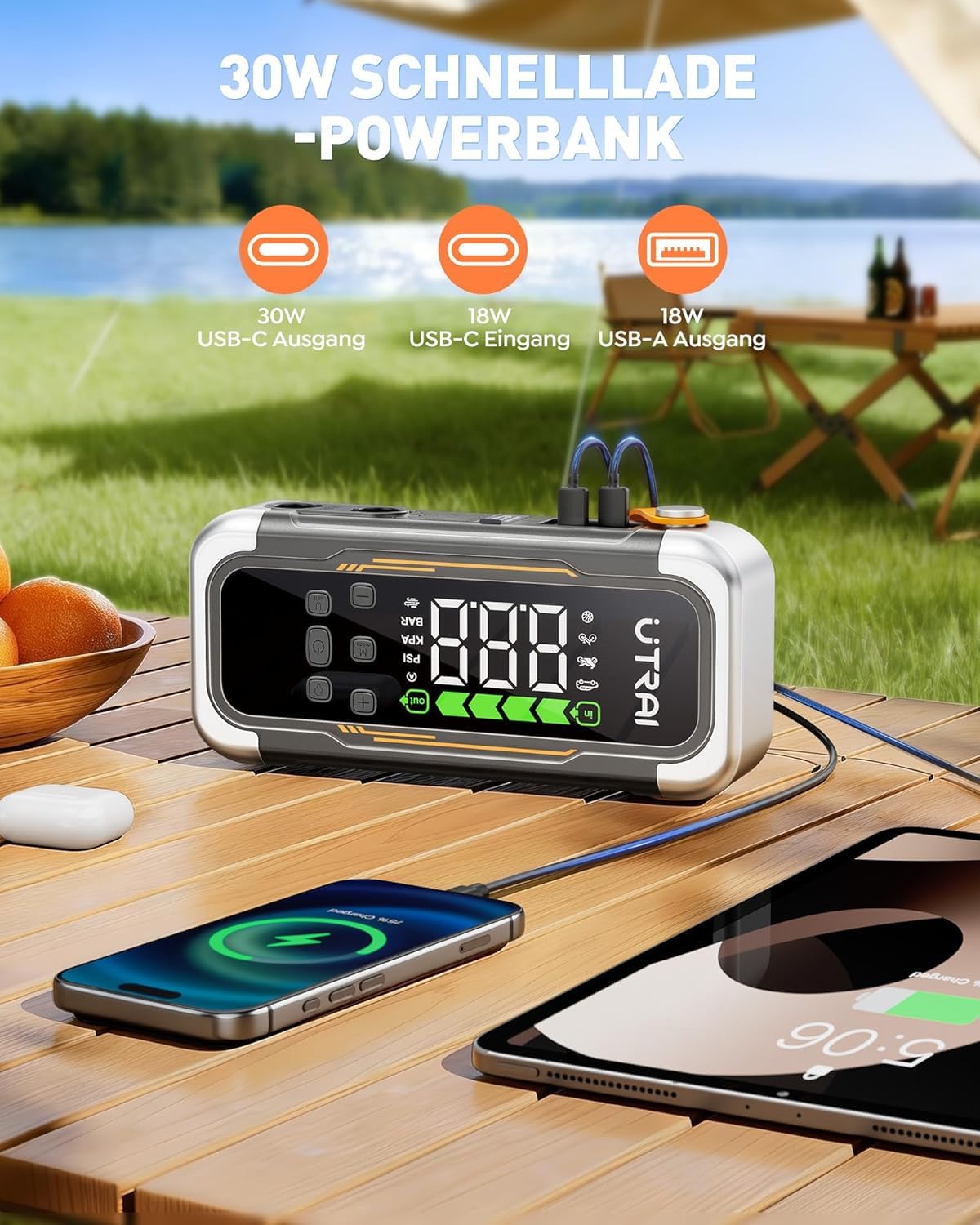 UTRAI 6000A Starthilfe Powerbank für Pkw, Alle Benzin & Gas 10L Diesel | 150PSI Kompressor, Gebläsefunktion, PD 30W Ausgang, 10-Faches Sicherheitssystem, 800 Lumen Notfallleuchte