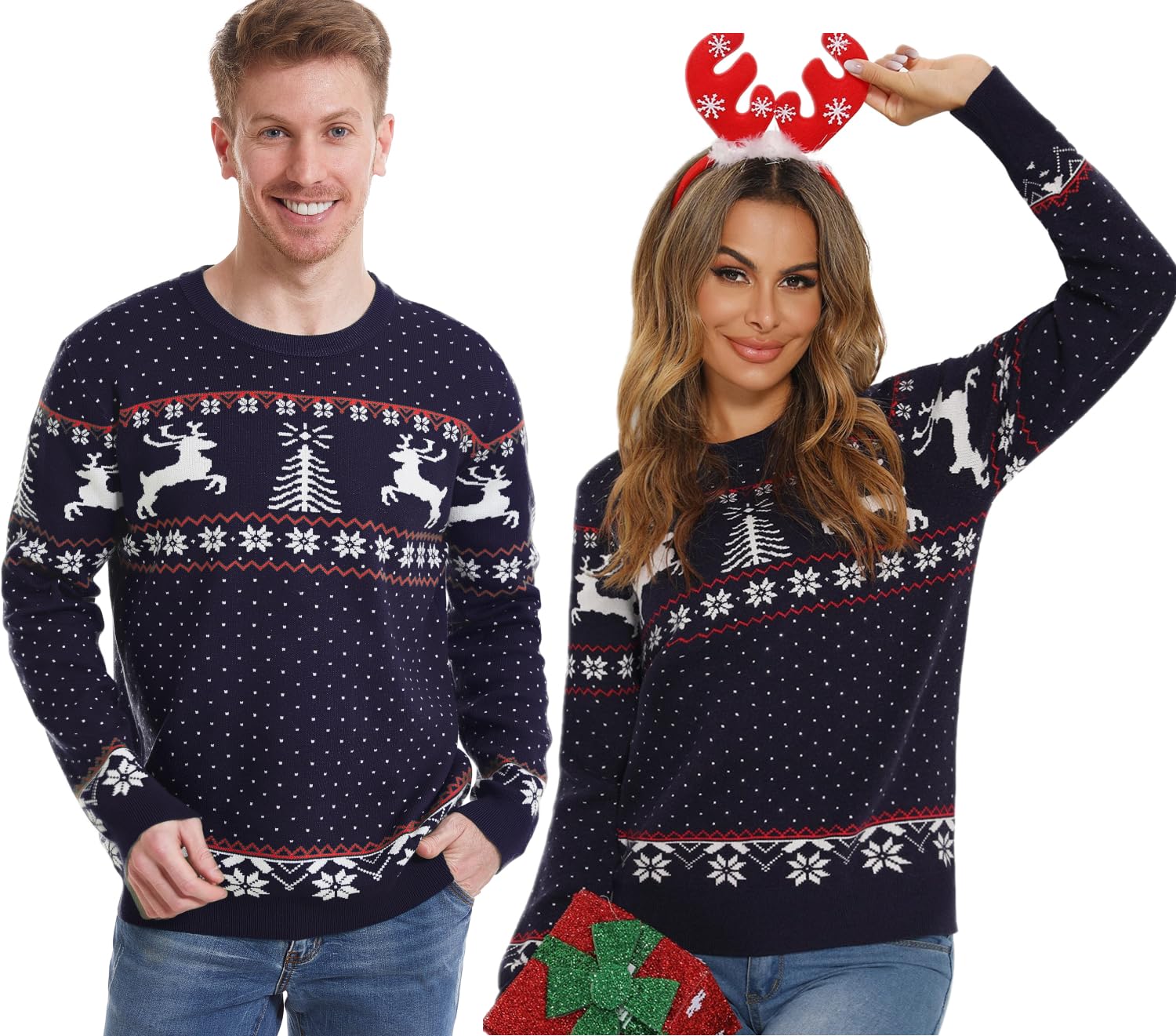 Enjyam Damen Weihnachtspullover Rundhals Langarm Strickpulli mit Rentier Schneeflocken Weich Warm Norwegerpullover für Winter