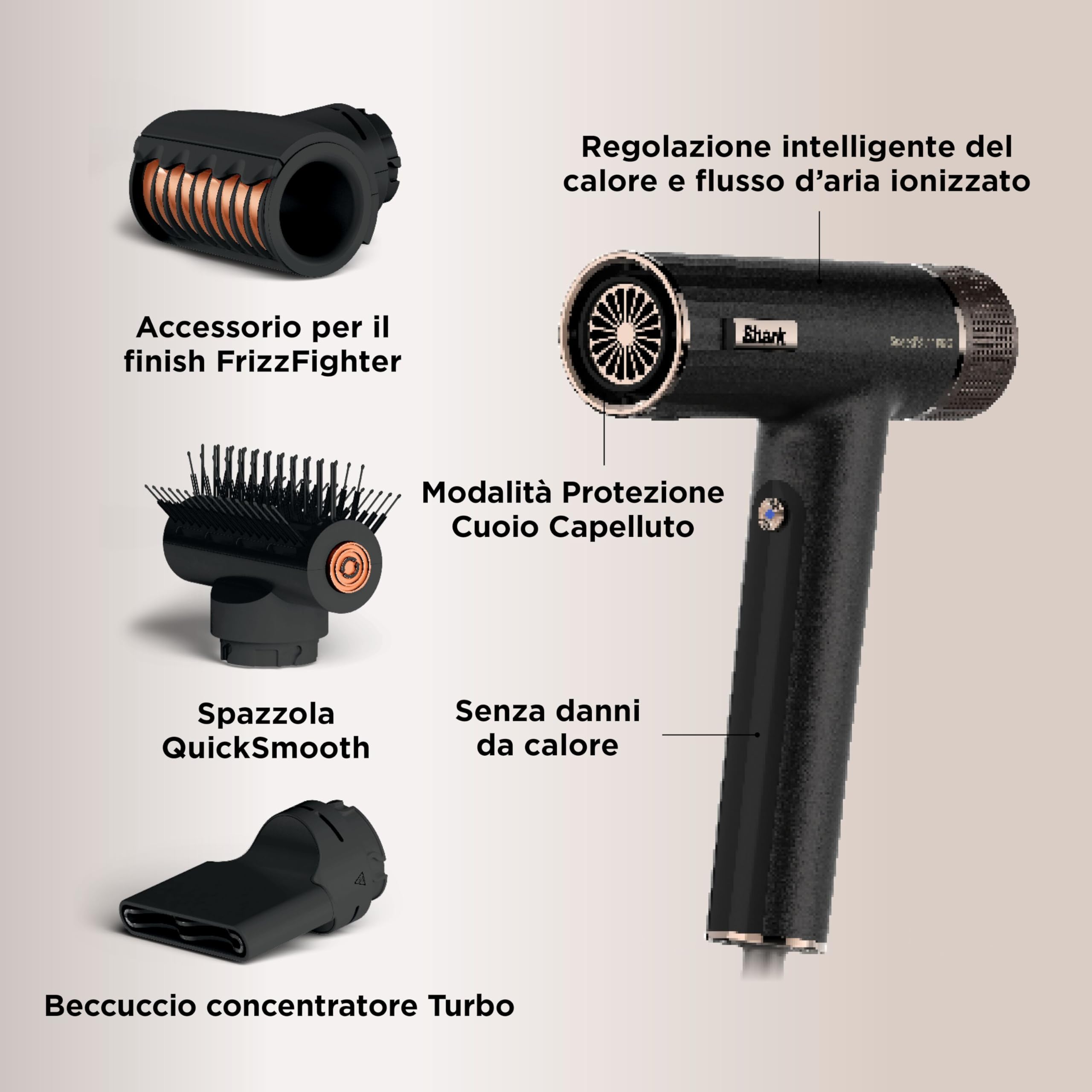 Shark SpeedStyle Pro Asciugacapelli, 3 Accessori, Leggero, Nero HD731EU | Alte Prestazioni Alta Velocità, Capelli Lisci e Ondulati, Protezione del Cuoio Capelluto, Ionico, Non Danneggia i Capelli
