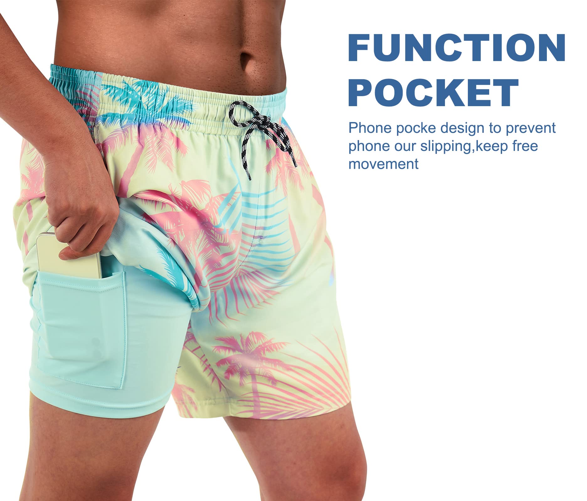 Condition photo showing New/Like New for cozople mens swim trunks with compression liner swimwear shorts tropical palm tree workout athletic shorts inner quick dry with phone pocket (size xl ))
