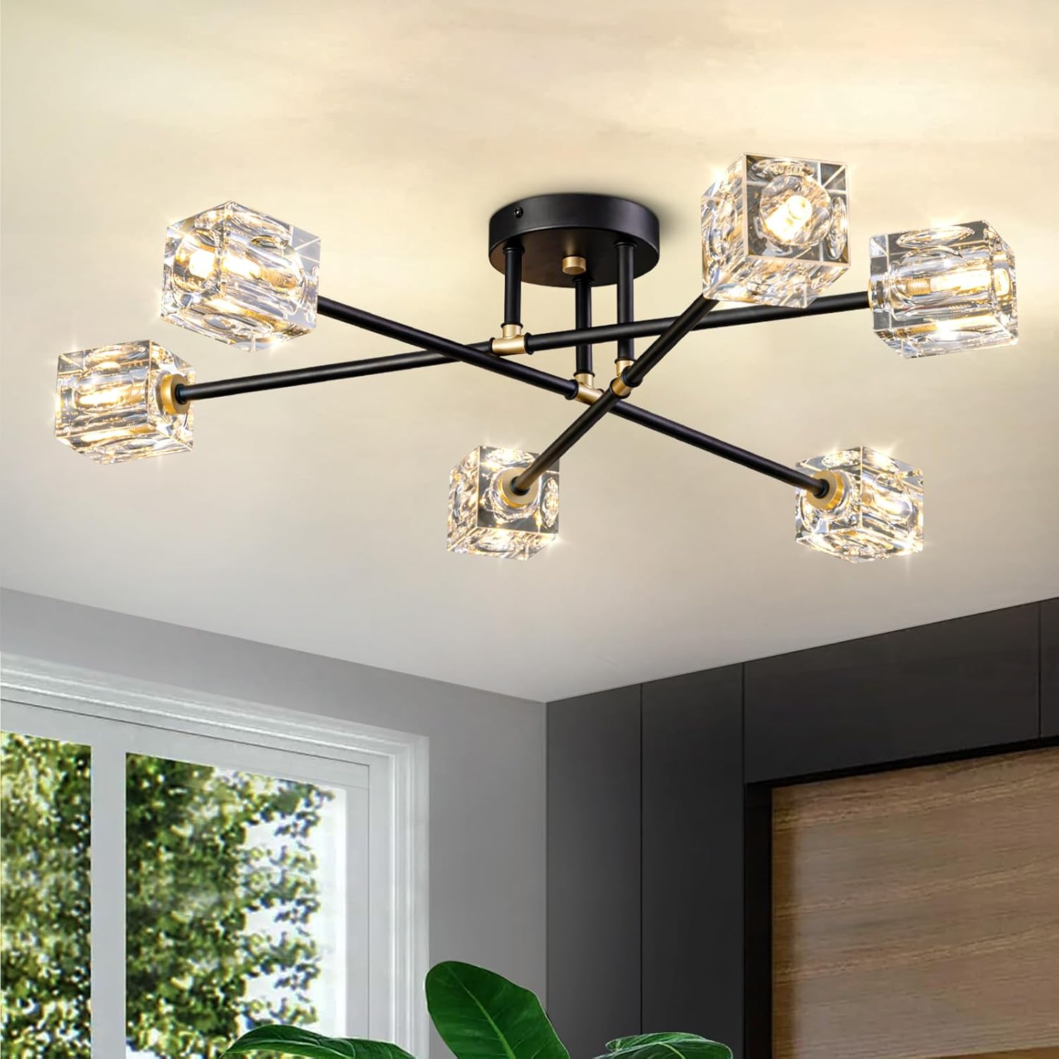 6-Lights Semi Flush Mount Ceiling Light Fixture, Modern Black and Gold Century Sputnik Chandelier, Crystal Ceiling Mount Lighting Fixtures for Living Room Dining Room Kitchen Chandelier