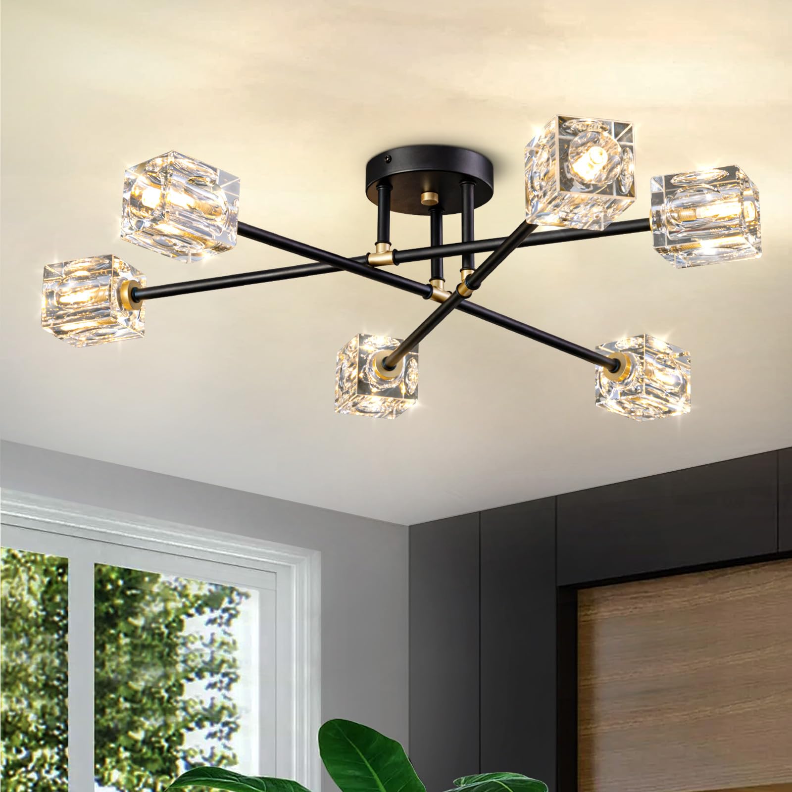 6-Lights Semi Flush Mount Ceiling Light Fixture, Modern Black and Gold Century Sputnik Chandelier, Crystal Ceiling Mount Lighting Fixtures for Living
