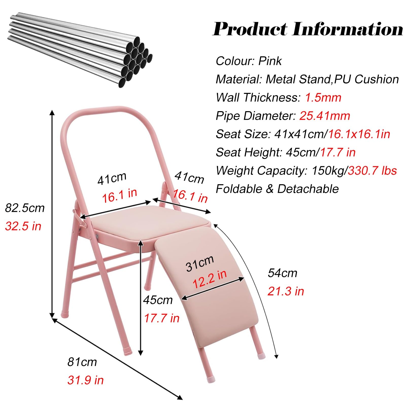 MZZKFC Pink Foldable Yoga Chair with Lumbar Back Support, Yoga Auxiliary Chair with PU Leather Cushion, Yoga Equipment for Yoga Studio/Home/Conference Room