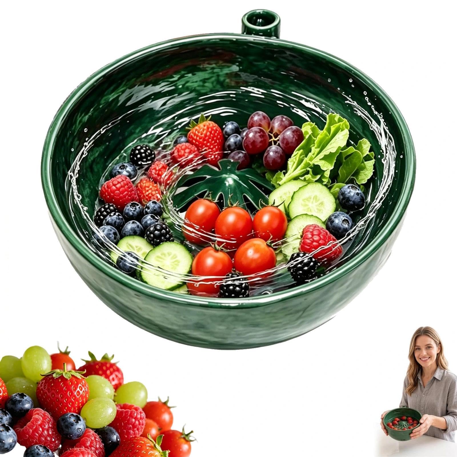Self-Spinning Berry Washing Bowl,Ceramic Fruit & Vegetable Washer with Drain, Automatic Rotating Strainer Basket for Quick Cleaning Kitchen Tool,Fruit Washer Spinner Bowl,Multipurpose Basket (A)