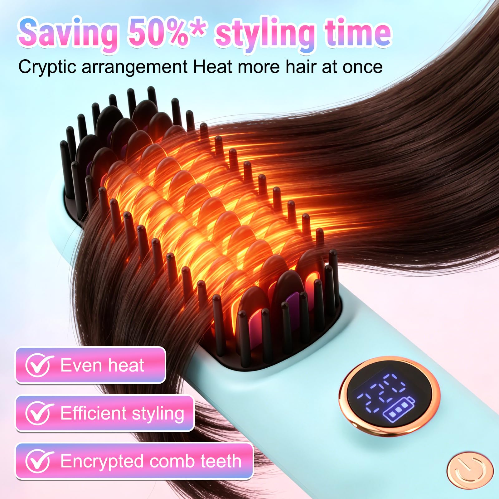 Condition photo showing New/Like New for portable straightener brushs for travel with lcd temperature display, upgraded cordless hair styling brush for short hair, fast heated styling mini straightening comb with 9 temps for women (blue)