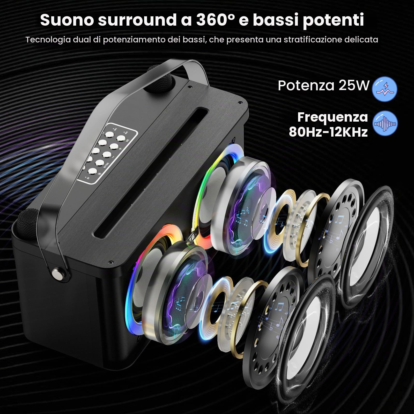 Karaoke con Supporto per Telefono/Tablet, per Casa e Feste | Con Due Microfoni Wireless/Luci LED /Sistema PA, Positionnement du Microphone d'Appoint