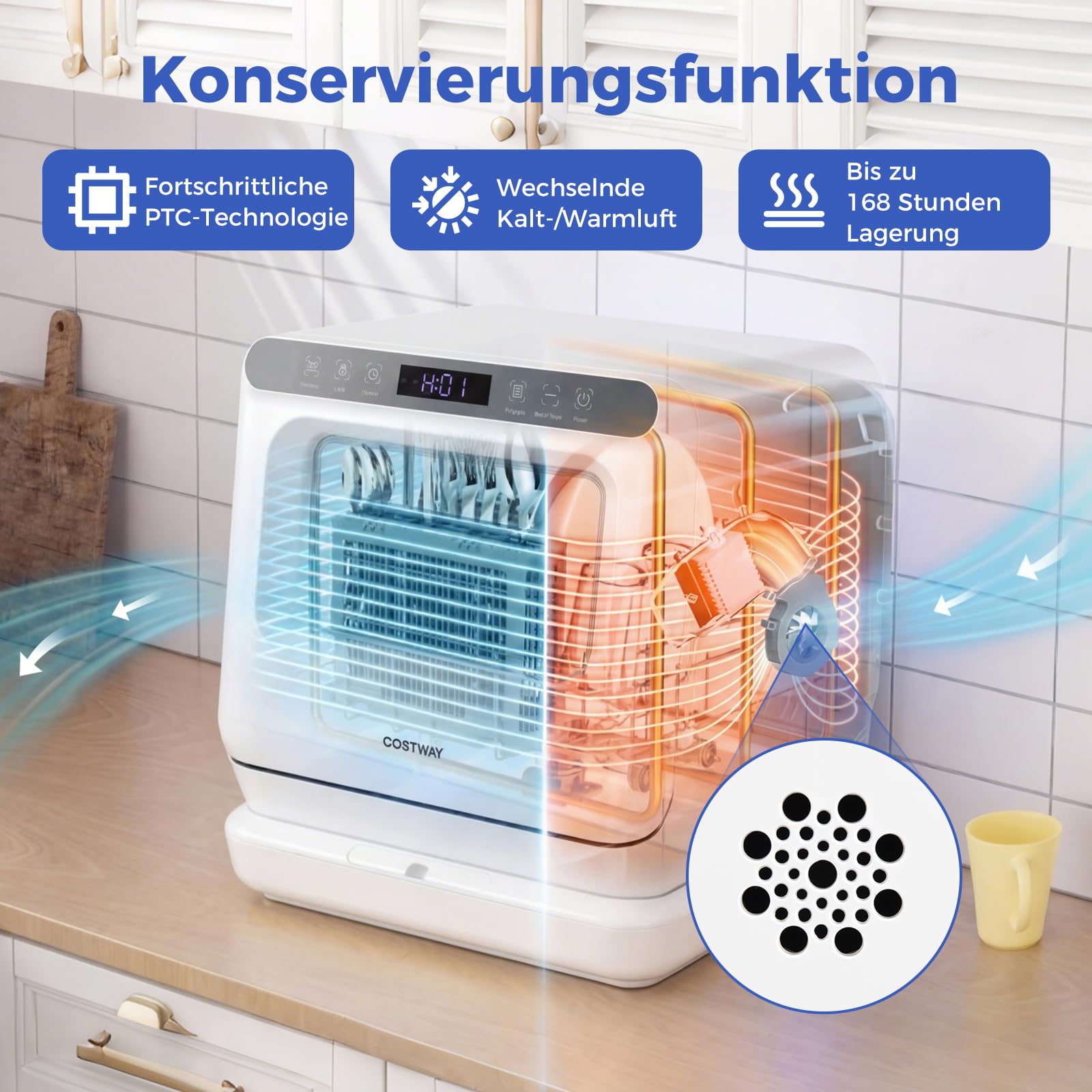 COSTWAY Mini Geschirrspüler, Tischgeschirrspüler mit 6 Programmen & 8,25 L Wassertank & Lufttrocknung & Touch Control, Spülmaschine klein für Wohnungen & Wohnmobile