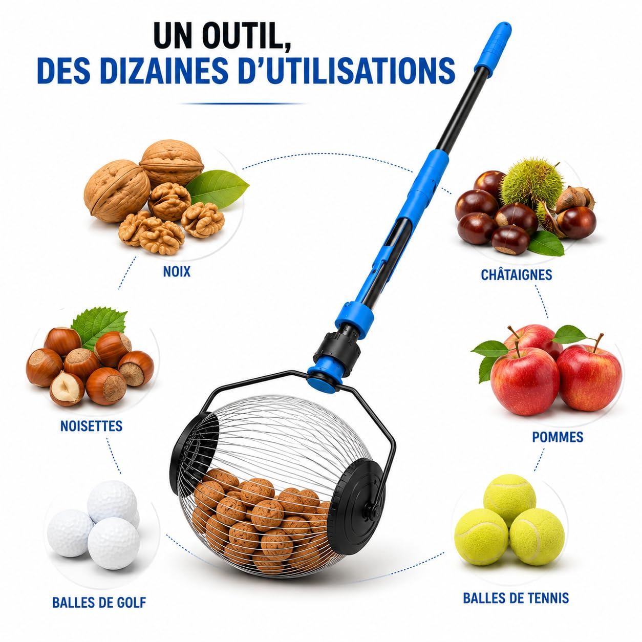 Ramasse Noix avec Manche Mécanique - Outil Cueillettes Jardin & Forêt – Ramasse Noisette et Ramasse Pomme - Cueilleur Inoxydable 1m, Léger, Anti-Douleur Dos, Facile à Utiliser