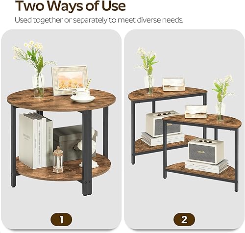 Miniatura 4 de KF02BR - Juego de 2 mesas auxiliares semicirculares de 23.6 pulgadas, mesa de media luna, mesitas de noche de 2 niveles con estantes abiertos, mesa