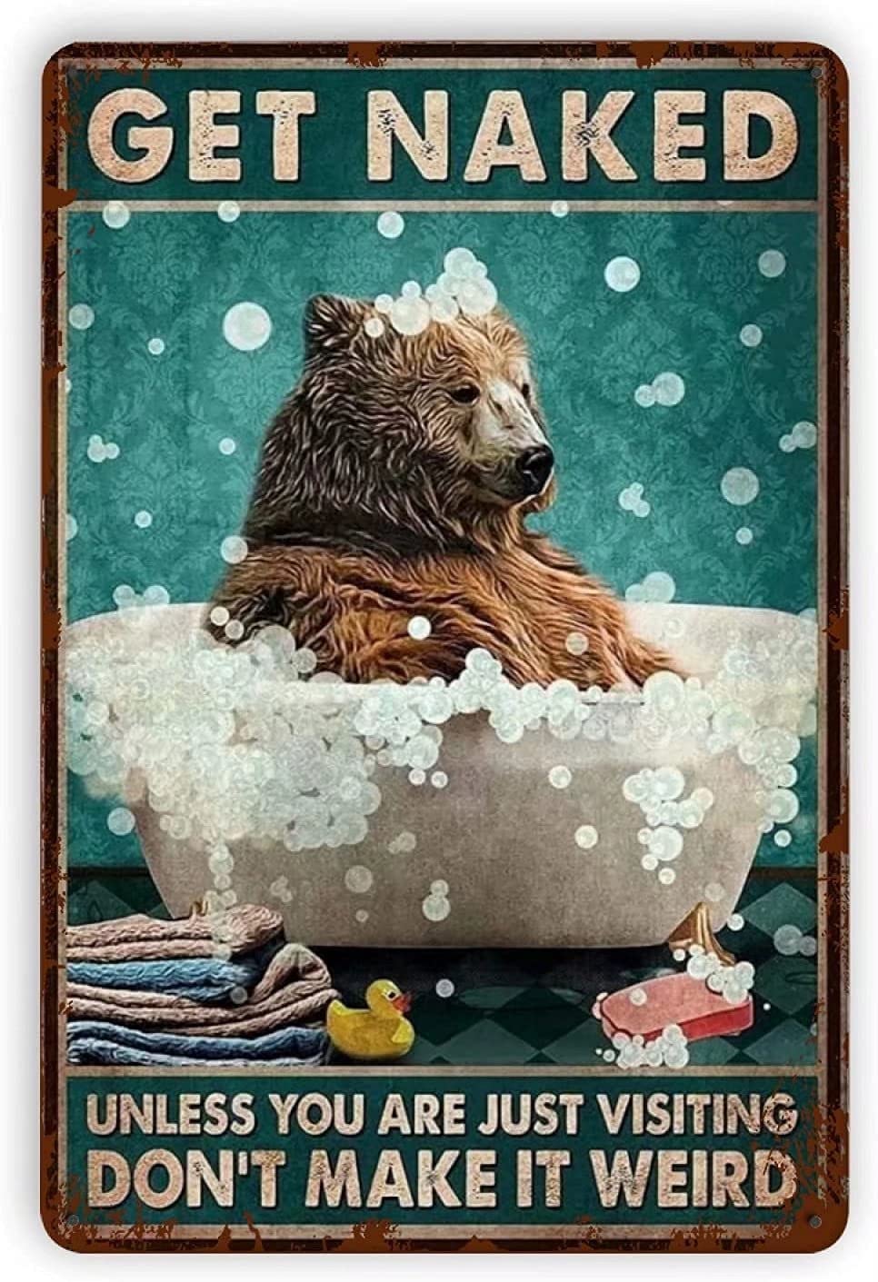 Tin Sign Bathtub Bear Wall Retro Metal Tin Sign, Bathroom Decoration for Bars, Restaurants, Cafes and Bars, New Year, Metal Sign 12x16 Inches