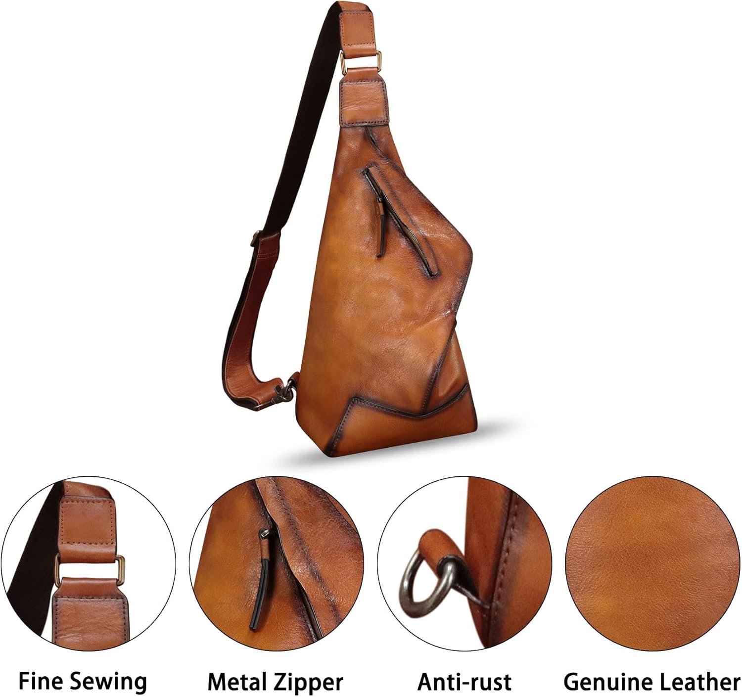 Genuine Leather Sling Bag for Men and Women Vintage Full Grain Leather Sling Purse Chest Daypack Over Shoulder Crossbody Bag (Brown) - Image 6