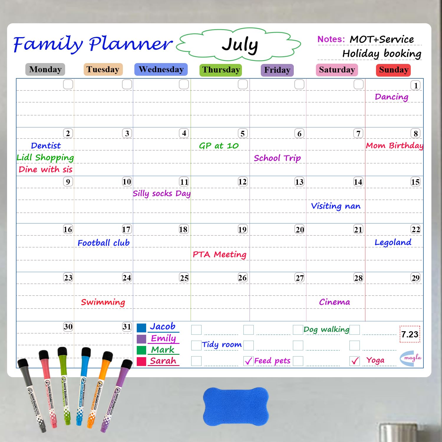 magla Large Monthly Planner Whiteboard Set with Weekly and Daily functions. Dry Erase Calendar 50.5x42cm, Magnetic White board Family Calendar 2024 , UK Brand