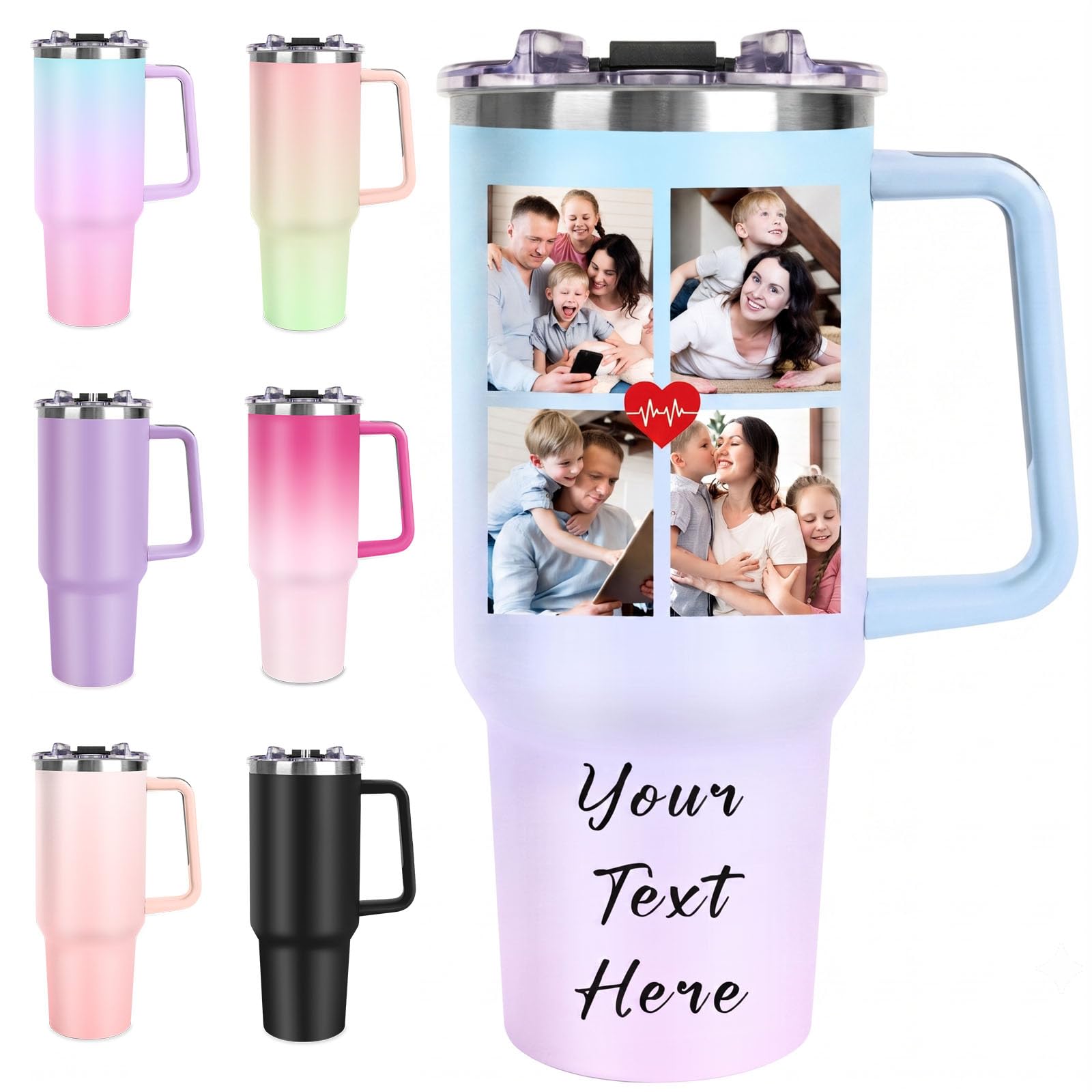 Personalized 40oz Tumbler with PhotoText, Custom Tumbler with Handle and Straw, Stainless…