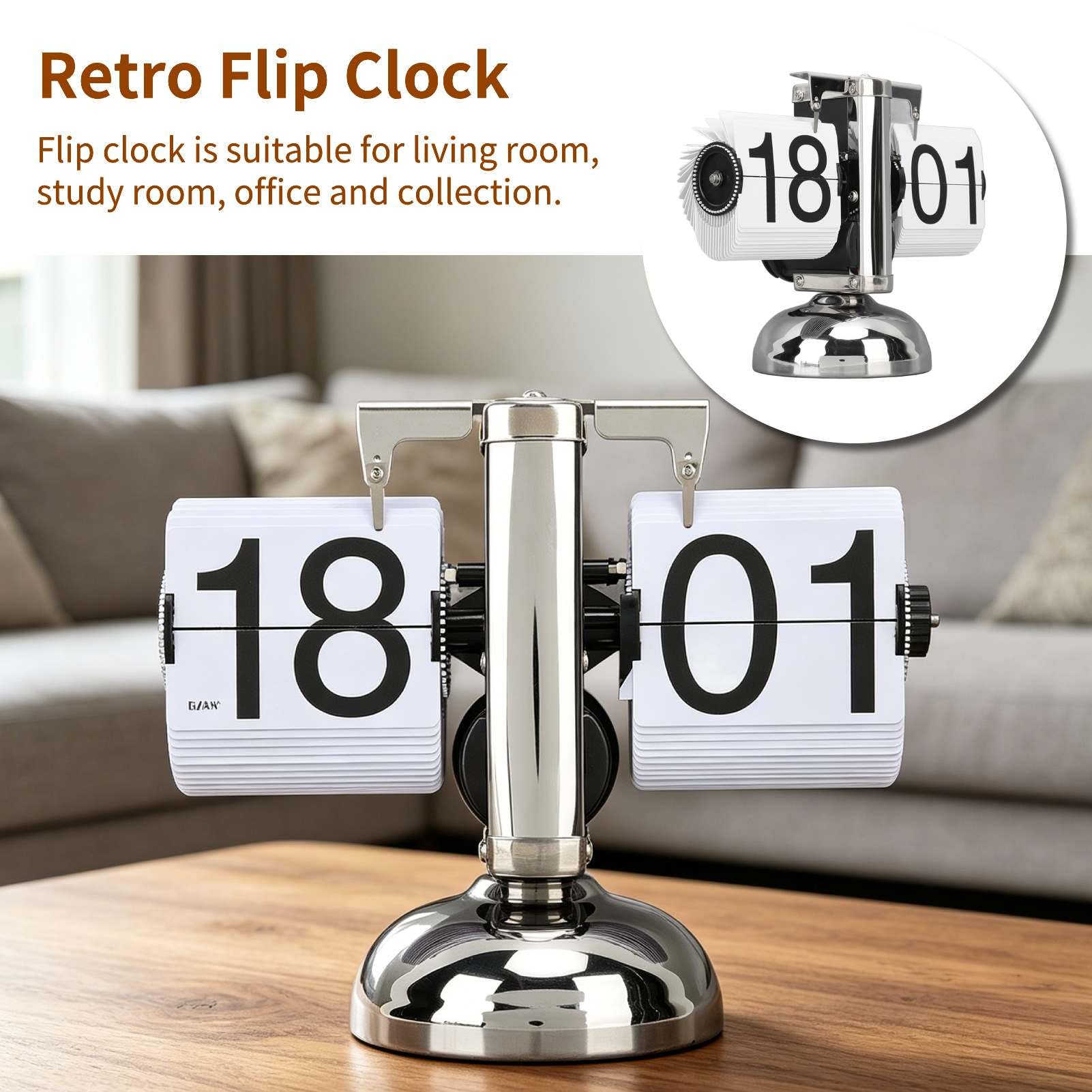 Flip Desk-Uhr, Edelstahl-Retro-Digital-Flippendes Pendeluhr 24 Stunden