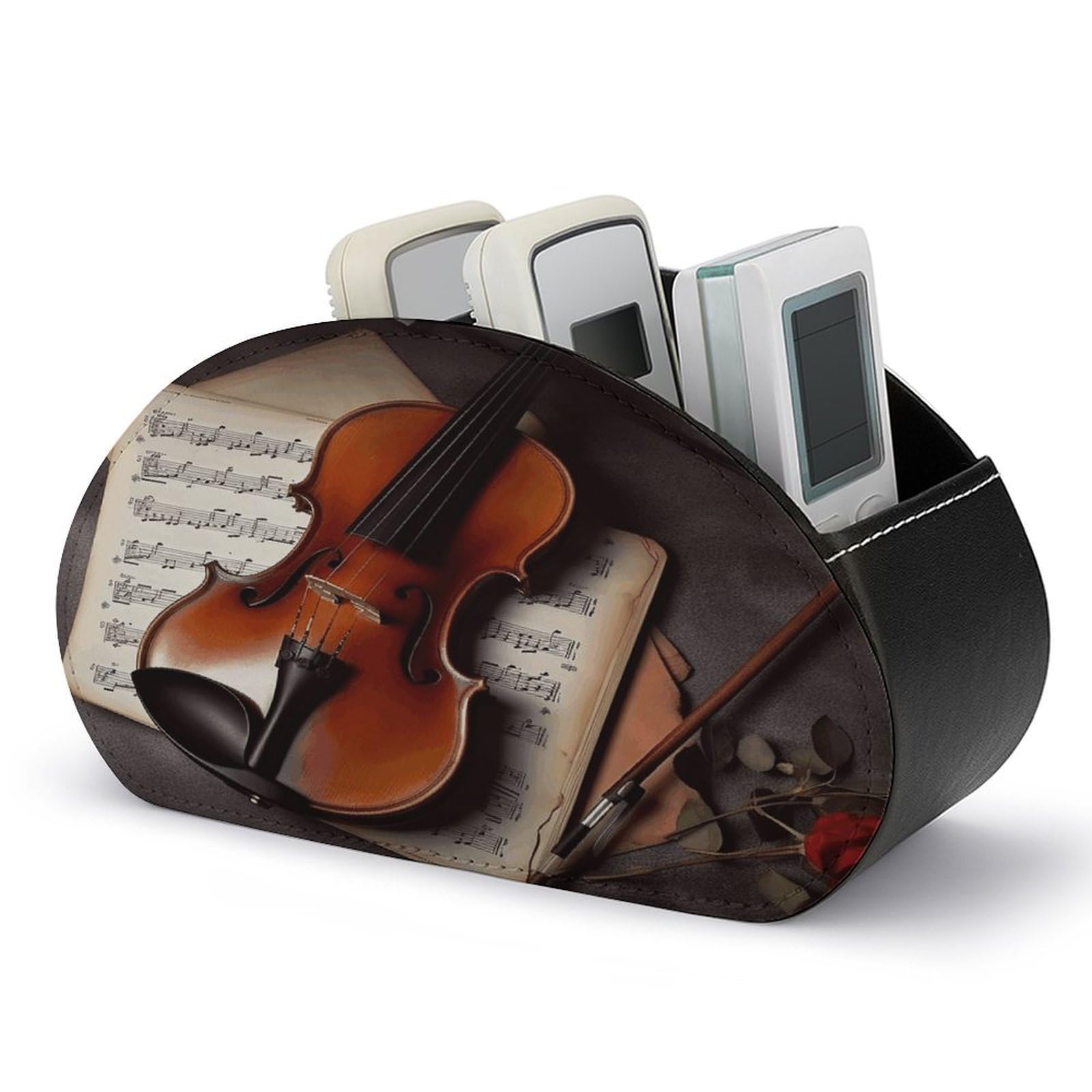 VstaDank Violin Sheet Music Remote Control Holder Farmhouse TV Media Remote Storage Box with 5 Compartments PU Leather Remote Caddy Desktop Organizer for Home Bedside Table Organizer