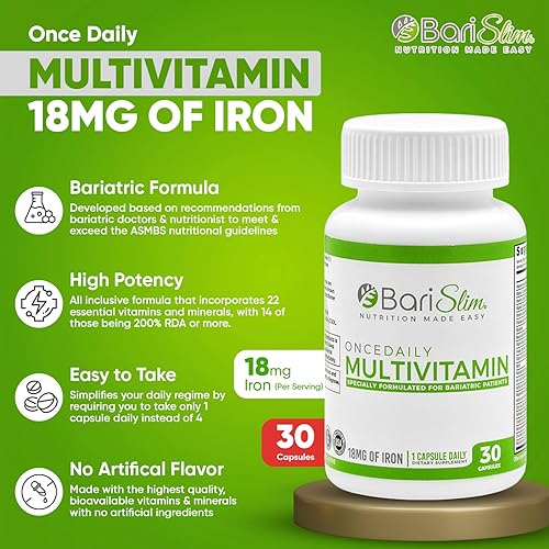 Miniatura 3 de BariSlim Cápsula multivitamínica bariátrica Once Daily - 18 mg de hierro - Vitamina bariátrica y suplemento para cirugía post bariátrica incluyendo