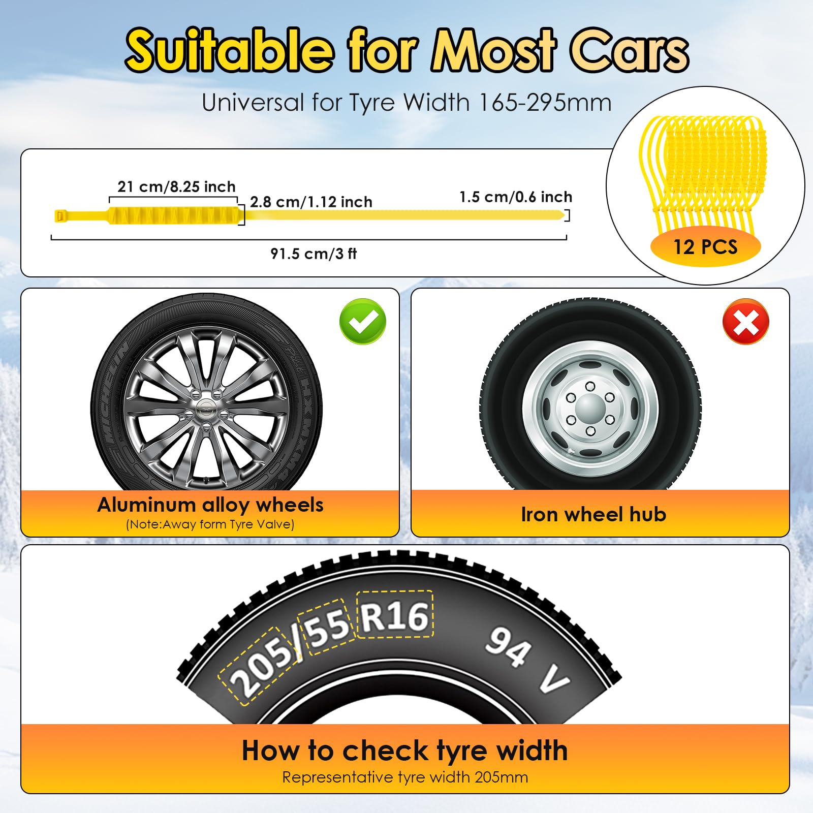 Ninonly Catene da Neve Universali - 12Pcs Facili da Montare per Vetture, SUV, Gomme Auto Tire Larghezza 165mm - 295mm