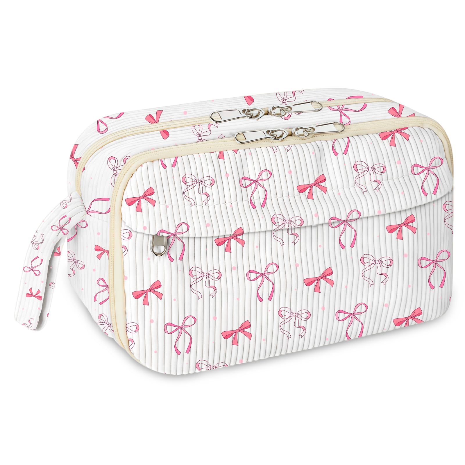 CenviaLuxy Large Pencil Case, Corduroy Pen Case with Compartments for Girls Teenagers Adults, Big Capacity Pencil Pouch with Handle for College School Office Supplies (Pink Bow)