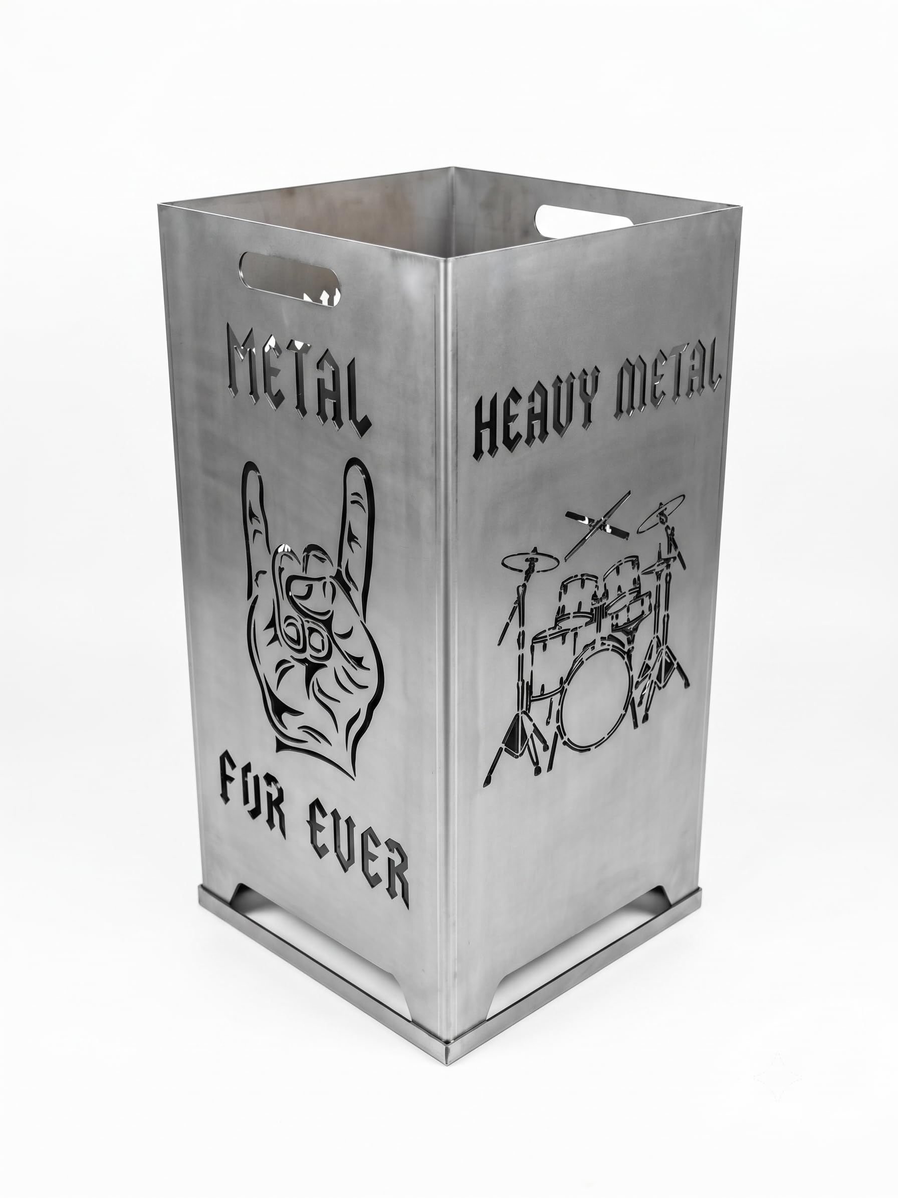 Heavy Metal Feuerkorb „Metal for Ever“ – Massive Feuertonne mit Schlagzeug & Pommesgabel Motiv, Hochwertige Metall-Feuerschale für Garten & Terrasse, komplett verschweißt