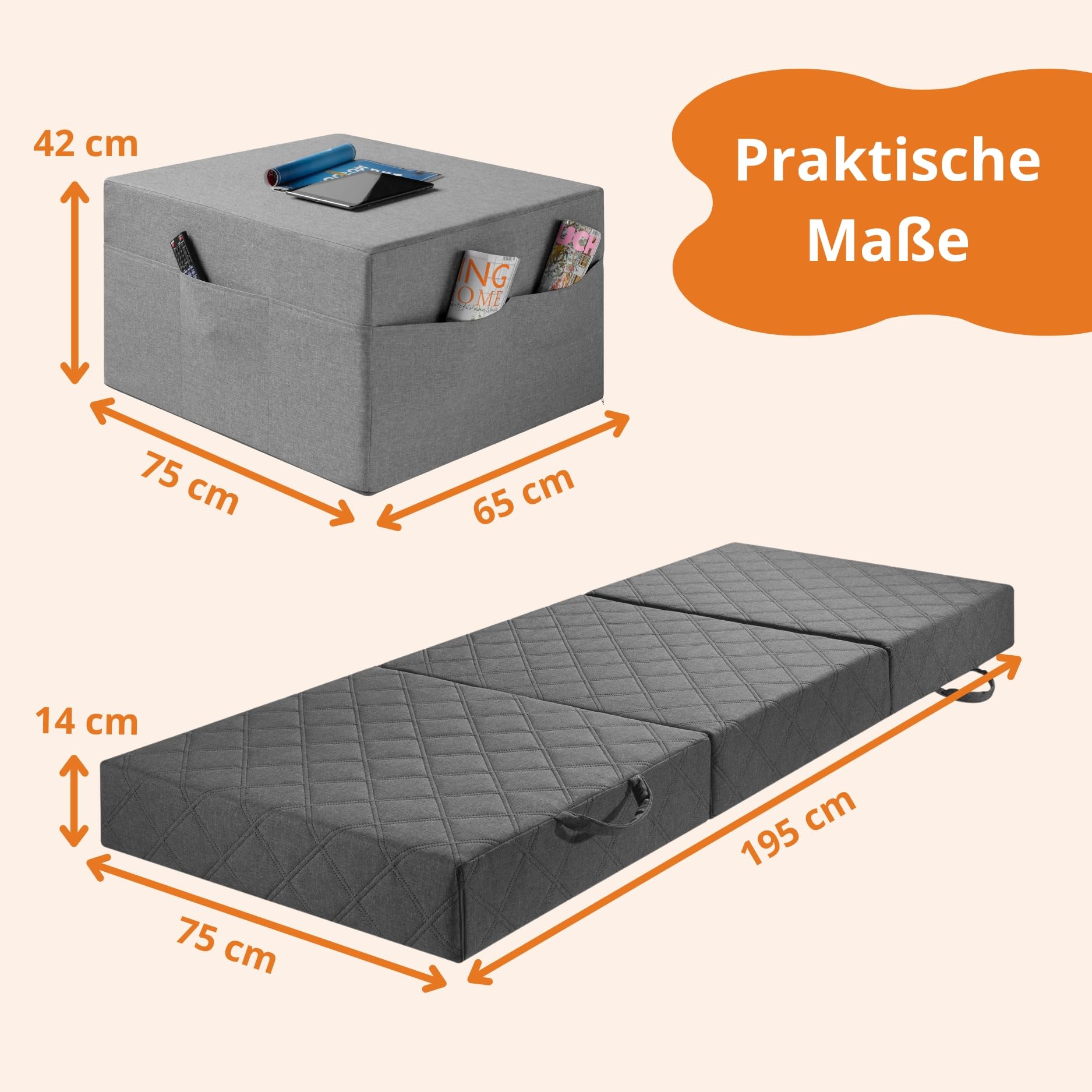 sleepling Klappmatratze Visco, 3-teilige Faltmatratze, Gästematratze klappbar, Faltbare Matratze, Sitzhocker mit Husse, Foldable Mattress, Made in EU, Oeko-TEX, H2.5, 195x75x14 cm, Single, grau