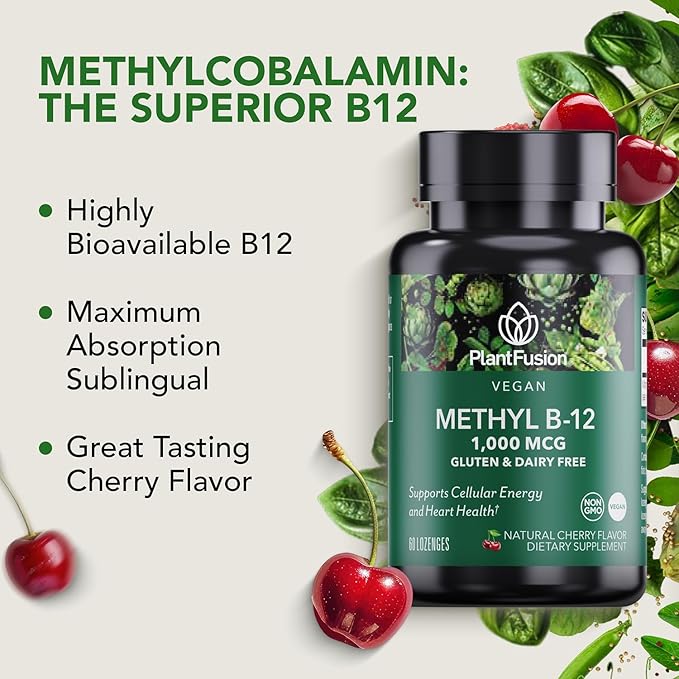 PlantFusion Vegan B12 Methyl 1000 mcg - Sublingual Vitamin - Supports Energy, Heart Health, Nervous System - Cherry Flavor, 60 High Potency Methylcobalamin Lozenges for Fast Absorption