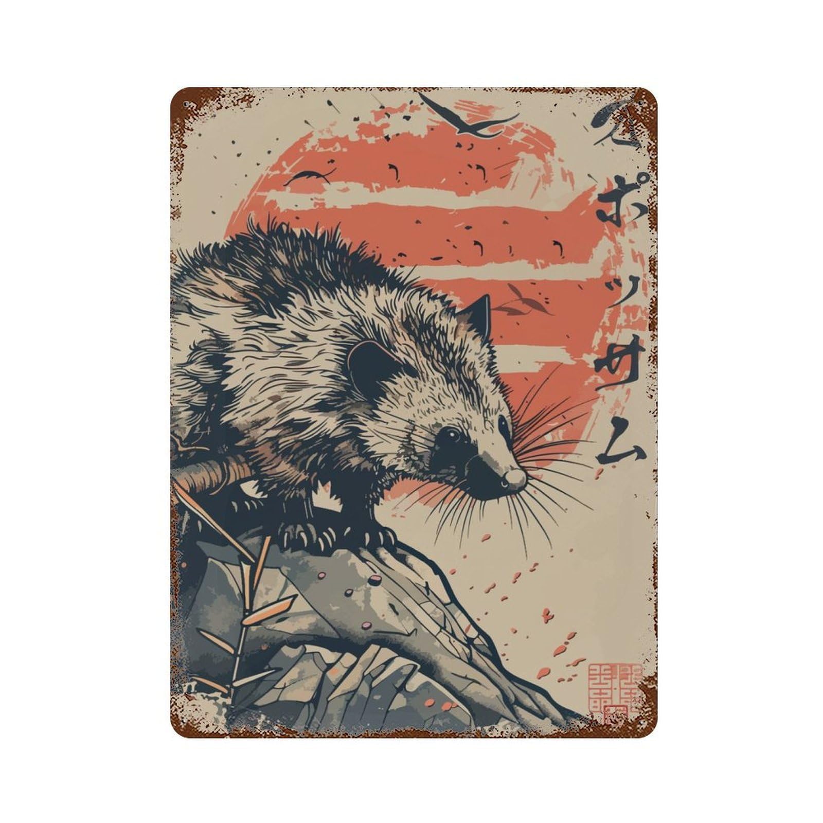 Garage Style Vintage Japanese Opossum Vintage Rust Metal Sign 15.7"x11.8", Industrial Home Decor for Bar And Workshop