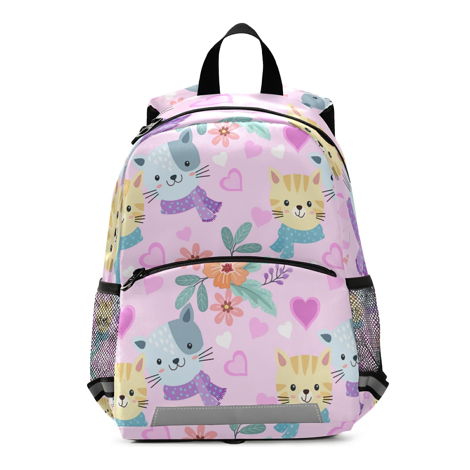 Pink Lovely Cat Floral Kids Backpack 13inch Little Kid Toddler Backpacks for Boys and Girls with Chest Strap
