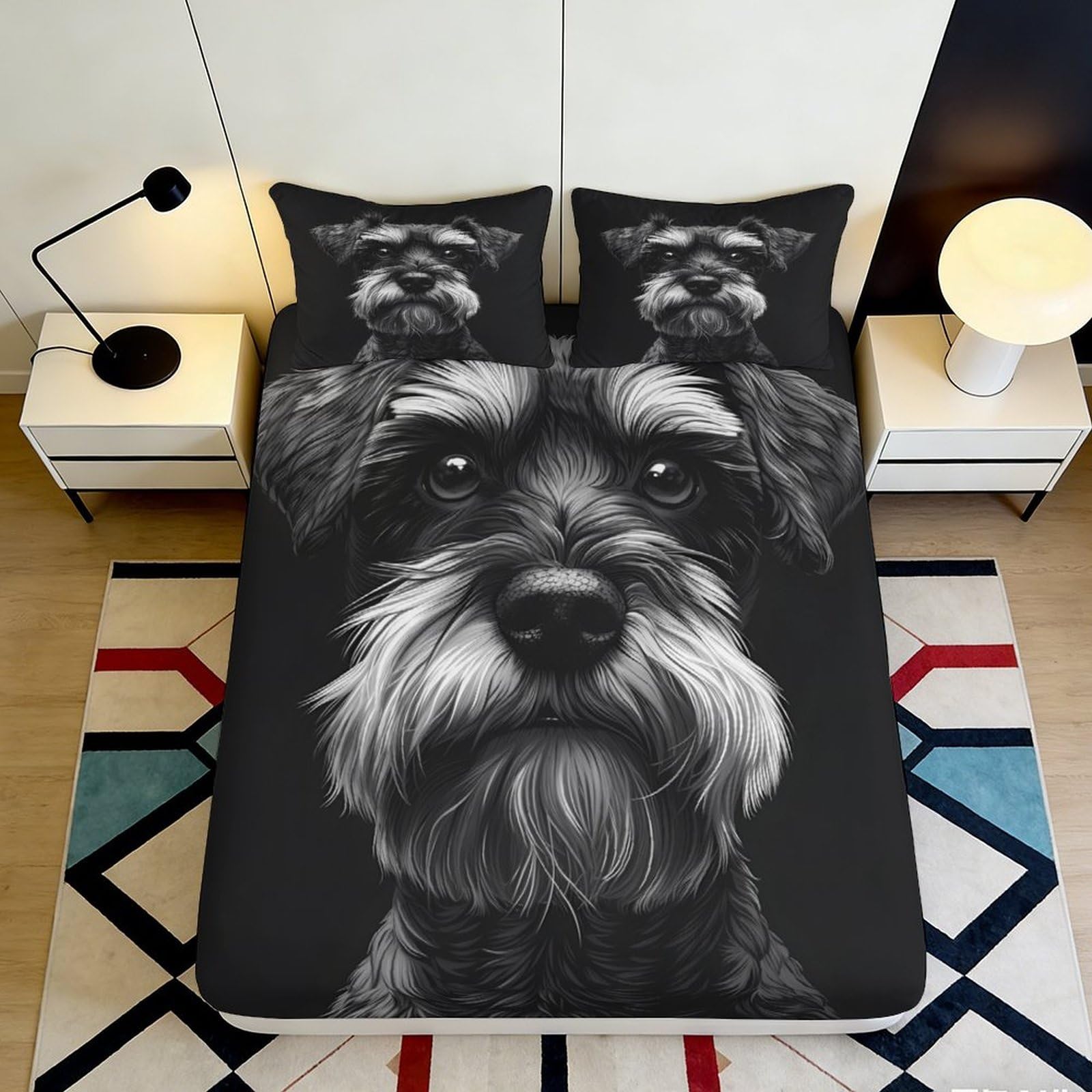 3D Printed Schnauzer Dog Fitted Sheet Microfiber Non-Slip Deep Pocket Bedroom Bedding Schnauzer Mattress Fitted Cover for Home 180x200x25cm