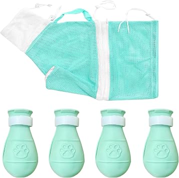Anti-Scratch Silicone cat Shoes,Cat Claw Covers,Adjustable Multifunctional Anti-Bite Shower net Bag,Cat Grooming Mesh Bag,Cat Bathing Bag (Green-1)