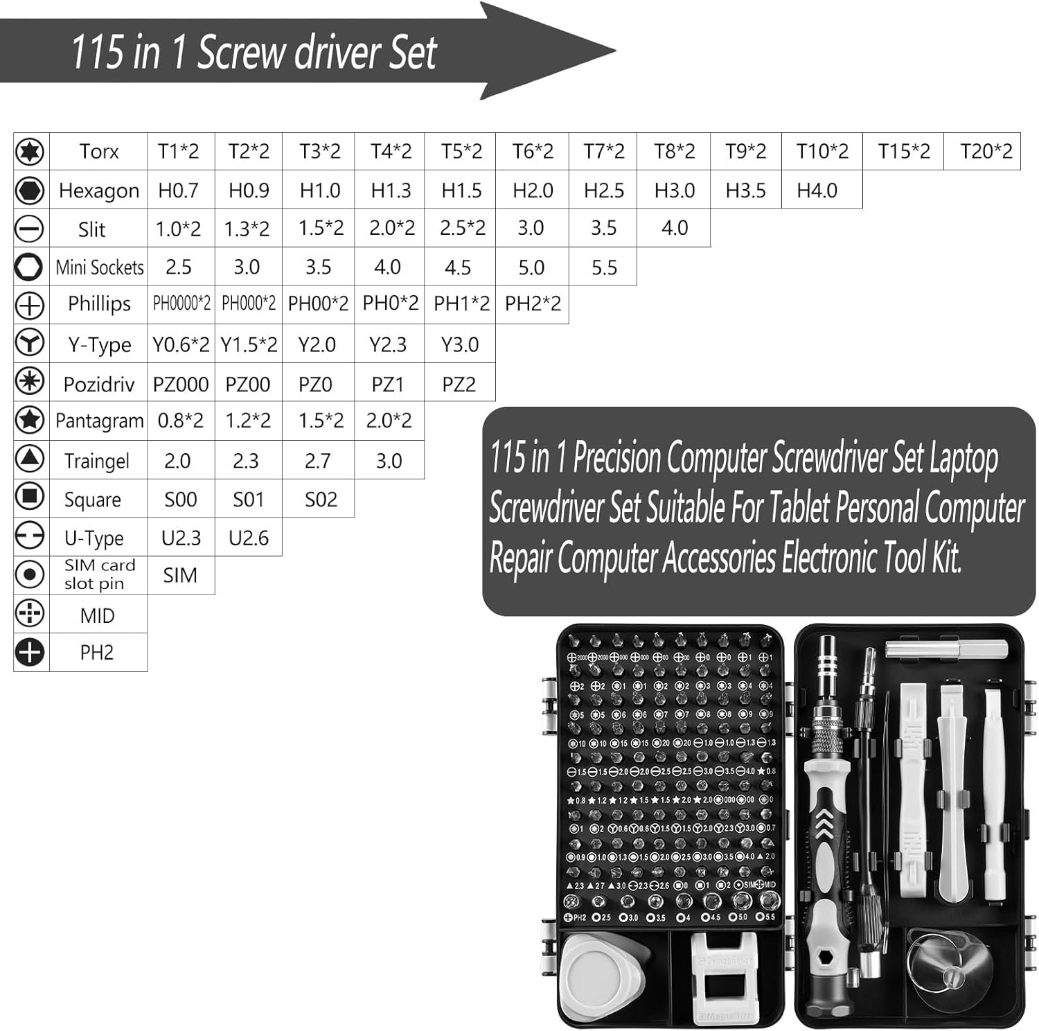 115-in-1 Precision Screwdriver Set,Professional Repair Tool Kit,Includes Various Bits,Suitable for Repairing Multiple Devices,Comes with Handle and Magnetic Anti-Slip Tweezers,Grey