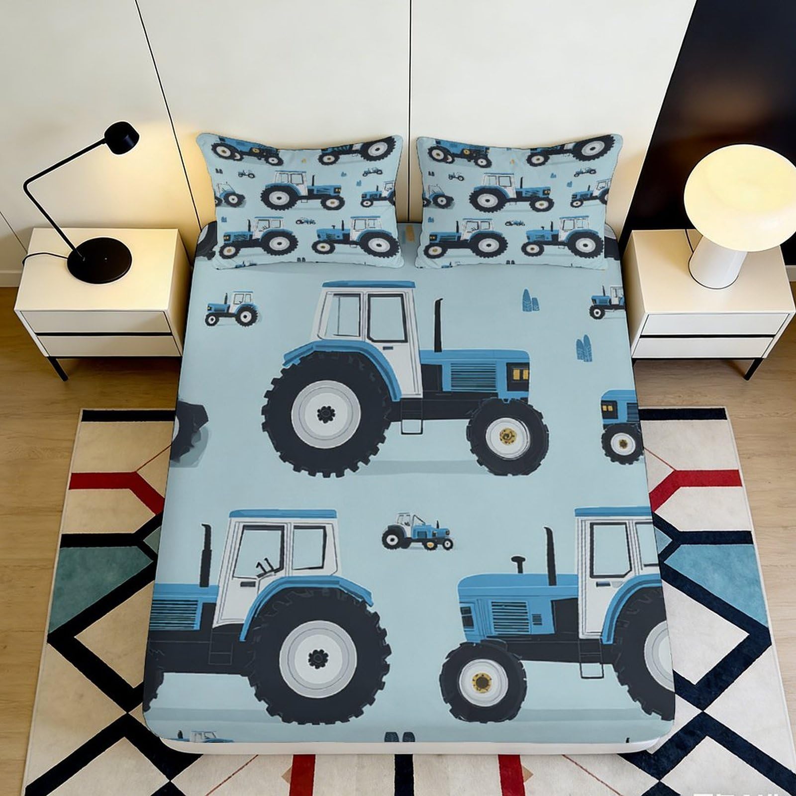 3D Printed Blue Tractor Fitted Sheet Microfiber Non Slip Farm Vehicle Mattress Cover for Bedroom Dorm Easy Care 160x200x25cm