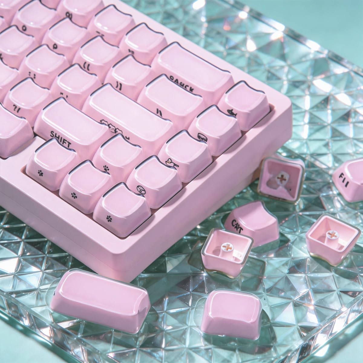 Hyekic Crystal Jelly Cat Shape Keycaps, 119 touches translucides rose mignonnes imprimées sur le côté Mao Profile Custom Keycap pour 61/68/84/87/98/100 Cherry Gateron MX Swithes Clavier mécanique
